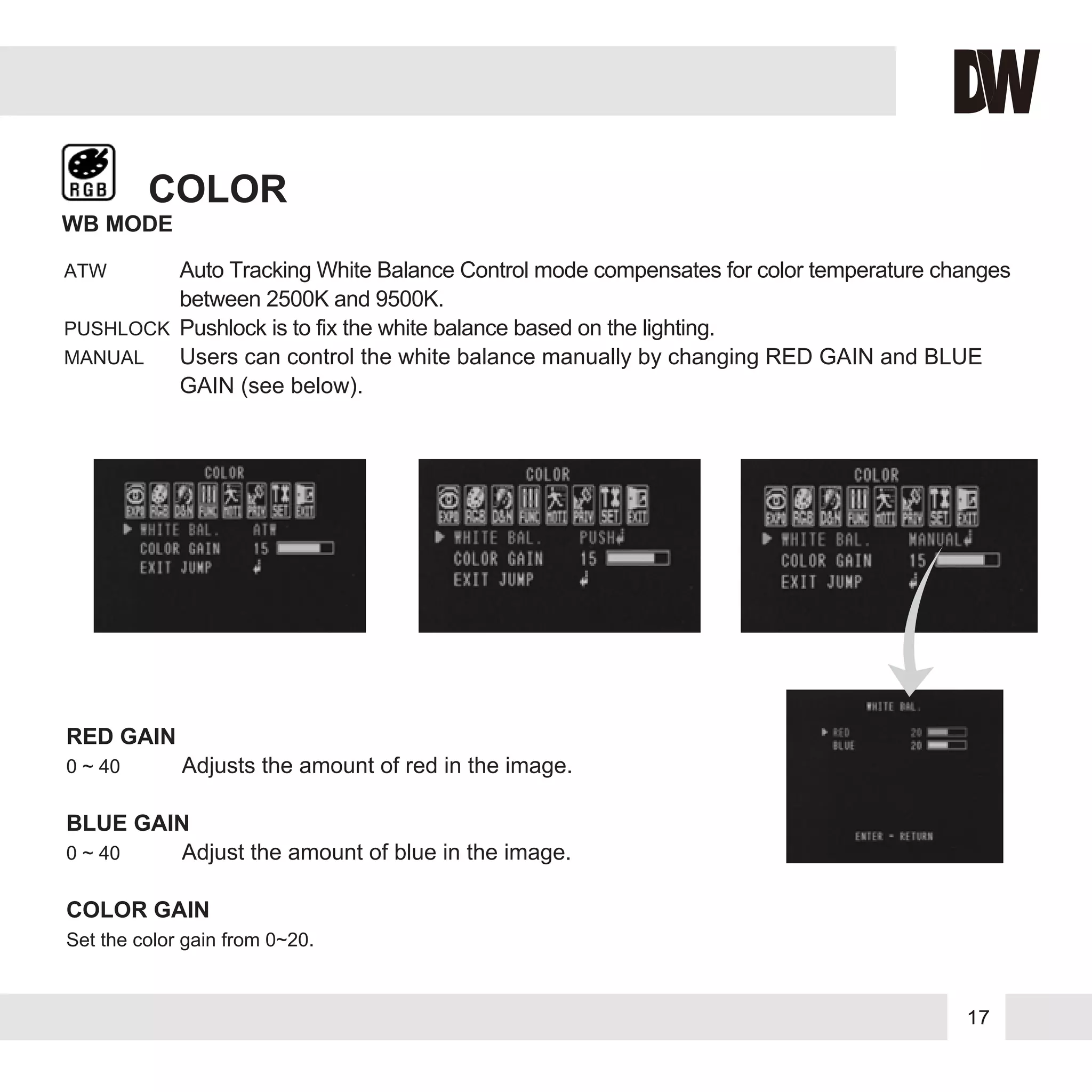 17
COLOR
ATW Auto Tracking White Balance Control mode compensates for color temperature changes
between 2500K and 9500K.
PUSHLOCK Pushlock is to fix the white balance based on the lighting.
MANUAL Users can control the white balance manually by changing RED GAIN and BLUE
GAIN (see below).
RED GAIN
0 ~ 40 Adjusts the amount of red in the image.
BLUE GAIN
0 ~ 40 Adjust the amount of blue in the image.
COLOR GAIN
Set the color gain from 0~20.
WB MODE
 