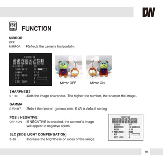 FUNCTION
MIRROR
OFF
MIRROR Reflects the camera horizontally.
SHARPNESS
0 ~ 30 Sets the image sharpness. The higher the number, the sharper the image.
GAMMA
0.35 ~ 0.7 Select the desired gamma level. 0.45 is default setting.
POSI / NEGATIVE
OFF / ON If NEGATIVE is enabled, the camera’s image
will appear in negative colors.
SLC (SIDE LIGHT COMPENSATION)
0~20 Increase the brightness on sides of the image.
Mirror ONMirror OFF
19
 