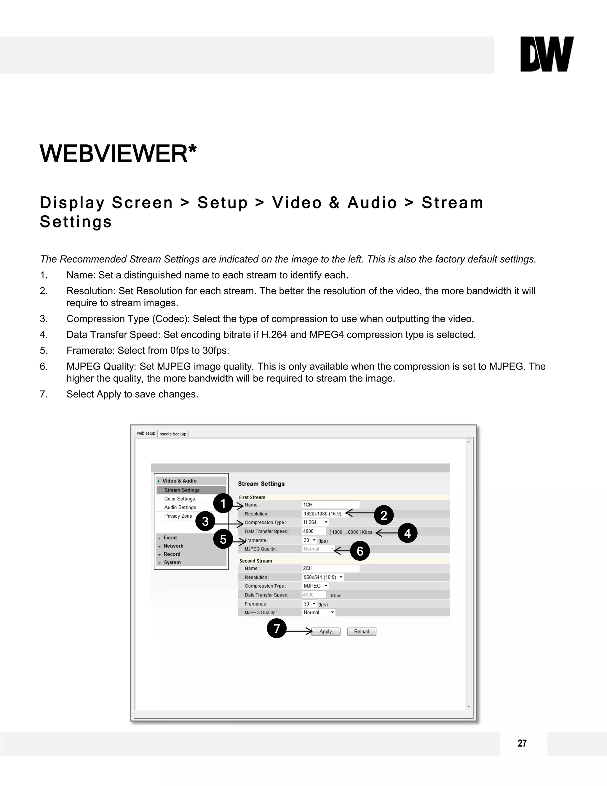 27
Display Screen > Setup > Video & Audio > Stream
Settings
The Recommended Stream Settings are indicated on the image to the left. This is also the factory default settings.
1. Name: Set a distinguished name to each stream to identify each.
2. Resolution: Set Resolution for each stream. The better the resolution of the video, the more bandwidth it will
require to stream images.
3. Compression Type (Codec): Select the type of compression to use when outputting the video.
4. Data Transfer Speed: Set encoding bitrate if H.264 and MPEG4 compression type is selected.
5. Framerate: Select from 0fps to 30fps.
6. MJPEG Quality: Set MJPEG image quality. This is only available when the compression is set to MJPEG. The
higher the quality, the more bandwidth will be required to stream the image.
7. Select Apply to save changes.
WEBVIEWER*
1
2
3
4
5
6
7
 