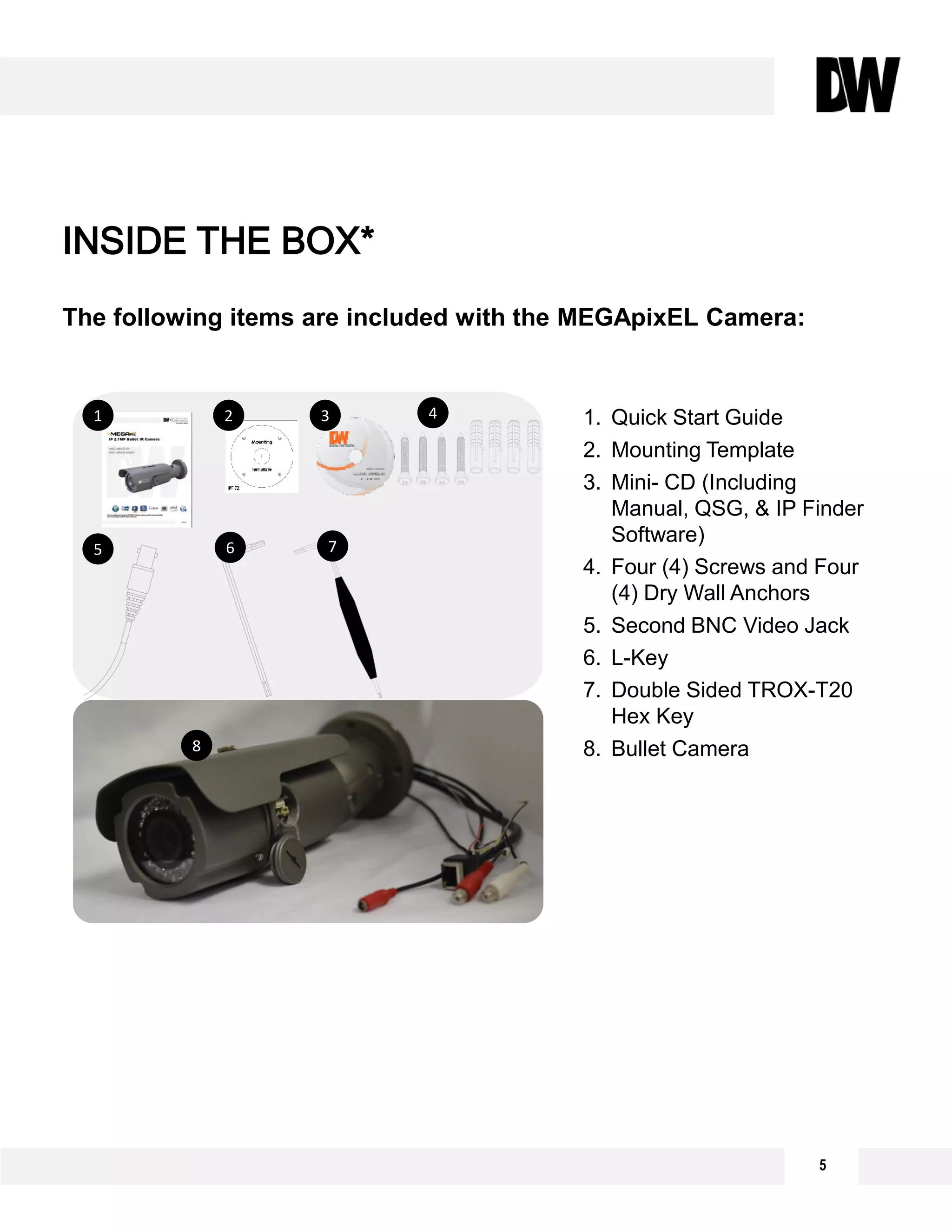The following items are included with the MEGApixEL Camera:
5
INSIDE THE BOX*
1. Quick Start Guide
2. Mounting Template
3. Mini- CD (Including
Manual, QSG, & IP Finder
Software)
4. Four (4) Screws and Four
(4) Dry Wall Anchors
5. Second BNC Video Jack
6. L-Key
7. Double Sided TROX-T20
Hex Key
8. Bullet Camera
4
5 6
31
7
8
2
 