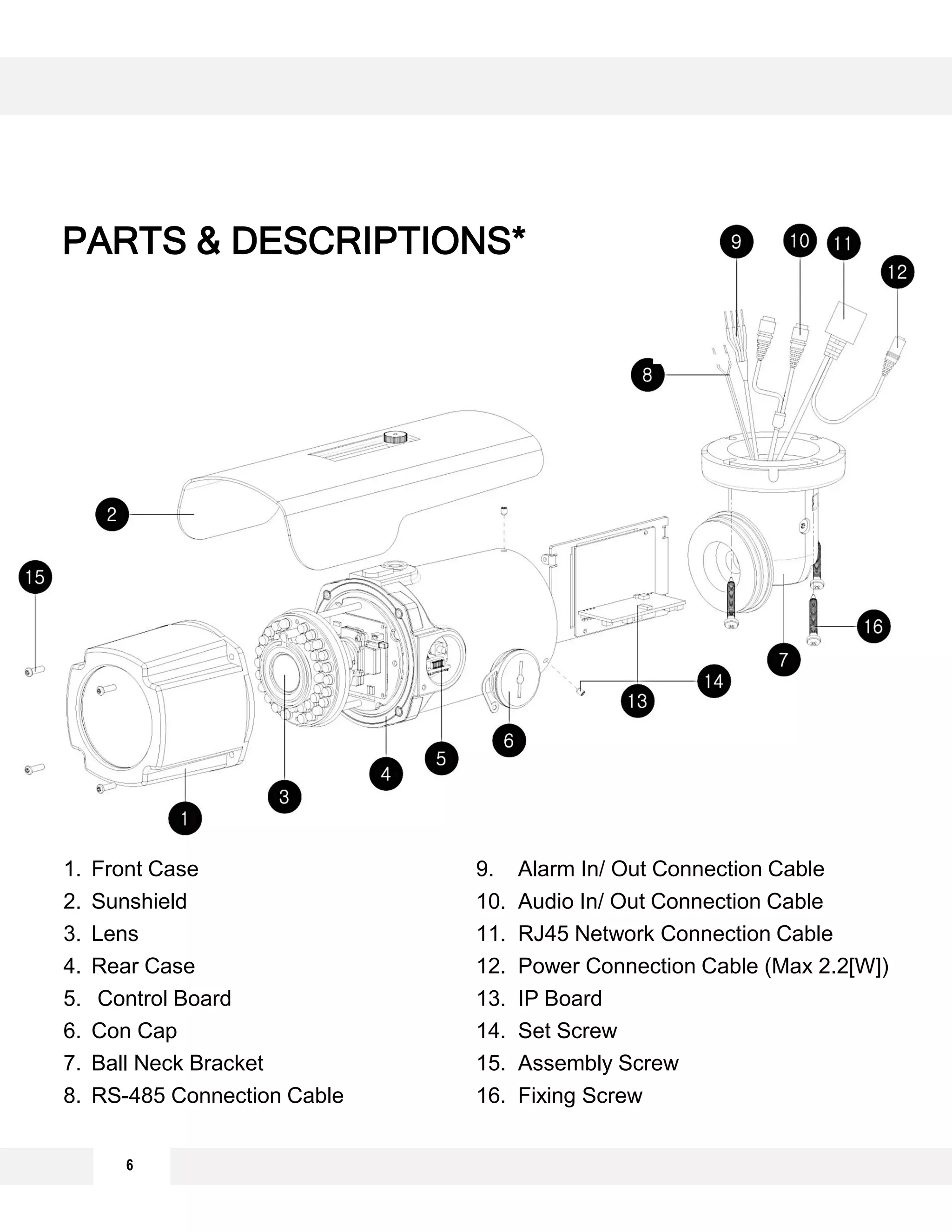 6
PARTS & DESCRIPTIONS*
1. Front Case
2. Sunshield
3. Lens
4. Rear Case
5. Control Board
6. Con Cap
7. Ball Neck Bracket
8. RS-485 Connection Cable
9. Alarm In/ Out Connection Cable
10. Audio In/ Out Connection Cable
11. RJ45 Network Connection Cable
12. Power Connection Cable (Max 2.2[W])
13. IP Board
14. Set Screw
15. Assembly Screw
16. Fixing Screw
 