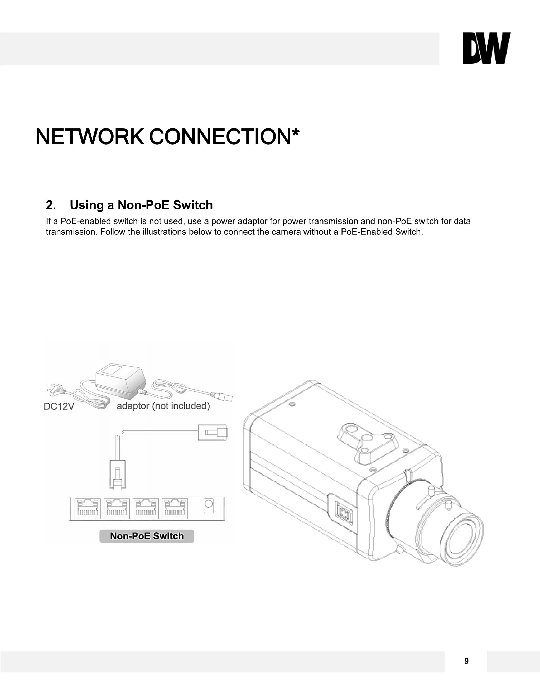 9
NETWORK CONNECTION*
2. Using a Non-PoE Switch
If a PoE-enabled switch is not used, use a power adaptor for power transmission and non-PoE switch for data
transmission. Follow the illustrations below to connect the camera without a PoE-Enabled Switch.
 