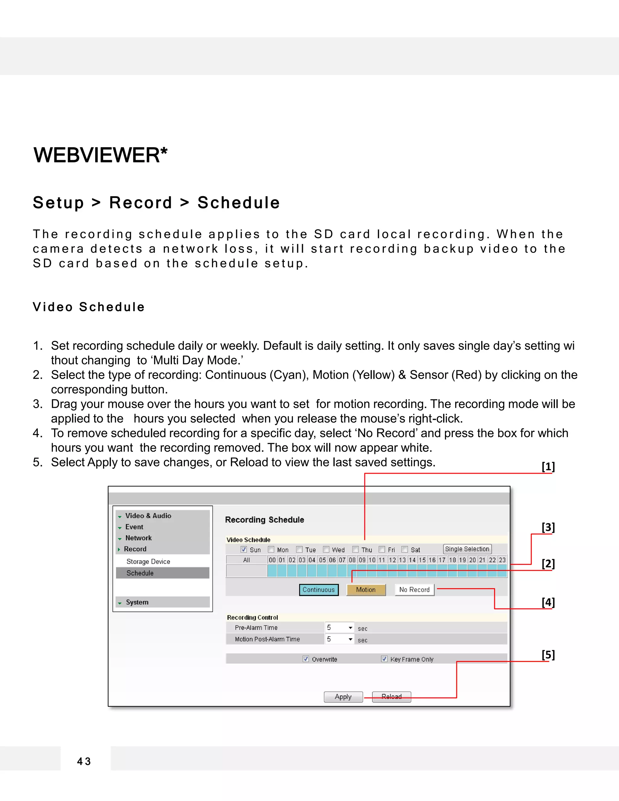 WEBVIEWER*
4 3
[1]
[2]
[4]
[5]
[3]
Setup > Record > Schedule
T h e r e c o r d i n g s c h e d u l e a p p l i e s t o t h e S D c a r d l o c a l r e c o r d i n g . W h e n t h e
c a m e r a d e t e c t s a n e t w o r k l o s s , i t w i l l s t a r t r e c o r d i n g b a c k u p v i d e o t o t h e
S D c a r d b a s e d o n t h e s c h e d u l e s e t u p .
V i d e o S c h e d u l e
1. Set recording schedule daily or weekly. Default is daily setting. It only saves single day’s setting wi
thout changing to ‘Multi Day Mode.’
2. Select the type of recording: Continuous (Cyan), Motion (Yellow) & Sensor (Red) by clicking on the
corresponding button.
3. Drag your mouse over the hours you want to set for motion recording. The recording mode will be
applied to the hours you selected when you release the mouse’s right-click.
4. To remove scheduled recording for a specific day, select ‘No Record’ and press the box for which
hours you want the recording removed. The box will now appear white.
5. Select Apply to save changes, or Reload to view the last saved settings.
 