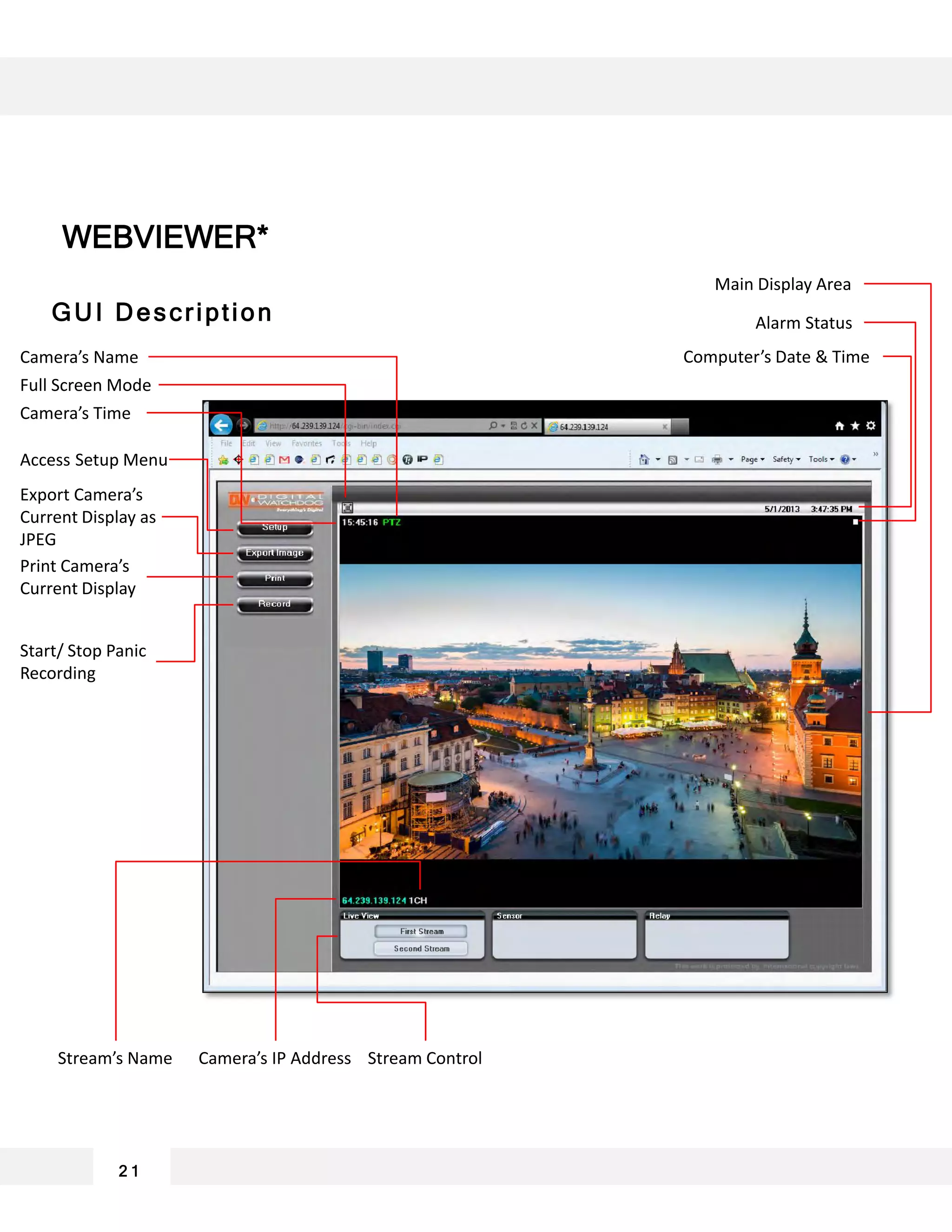 2 1
GUI Description
Access Setup Menu
Export Camera’s
Current Display as
JPEG
Print Camera’s
Current Display
Start/ Stop Panic
Recording
Camera’s Name
Camera’s Time
Full Screen Mode
Main Display Area
Alarm Status
Computer’s Date & Time
Stream’s Name Camera’s IP Address Stream Control
WEBVIEWER*
 