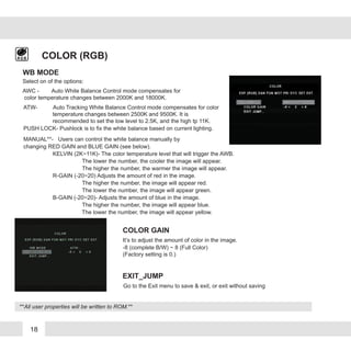 18
COLOR (RGB)
WB MODE
Select on of the options:
ATW- Auto Tracking White Balance Control mode compensates for color
temperature changes between 2500K and 9500K. It is
recommended to set the low level to 2.5K, and the high tp 11K.
MANUAL**- Users can control the white balance manually by
changing RED GAIN and BLUE GAIN (see below).
KELVIN (2K~11K)- The color temperature level that will trigger the AWB.
The lower the number, the cooler the image will appear.
The higher the number, the warmer the image will appear.
R-GAIN (-20~20) Adjusts the amount of red in the image.
The higher the number, the image will appear red.
The lower the number, the image will appear green.
B-GAIN (-20~20)- Adjusts the amount of blue in the image.
The higher the number, the image will appear blue.
The lower the number, the image will appear yellow.
PUSH LOCK- Pushlock is to fix the white balance based on current lighting.
AWC - Auto White Balance Control mode compensates for
color temperature changes between 2000K and 18000K.
COLOR GAIN
-8 (complete B/W) ~ 8 (Full Color)
(Factory setting is 0.)
It’s to adjust the amount of color in the image.
EXIT_JUMP
**All user properties will be written to ROM.**
Go to the Exit menu to save & exit, or exit without saving
 