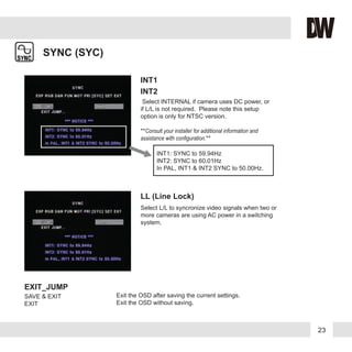 23
EXIT_JUMP
SAVE & EXIT
EXIT
Exit the OSD after saving the current settings.
Exit the OSD without saving.
SYNC (SYC)
INT1: SYNC to 59.94Hz
INT2: SYNC to 60.01Hz
In PAL, INT1 & INT2 SYNC to 50.00Hz.
Select INTERNAL if camera uses DC power, or
if L/L is not required. Please note this setup
option is only for NTSC version.
**Consult your installer for additional information and
assistance with configuration.**
Select L/L to syncronize video signals when two or
more cameras are using AC power in a switching
system.
INT1
INT2
LL (Line Lock)
 