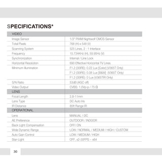 30
SPECIFICATIONS*
Lens MANUAL / DC
AE Preference OUTDOOR / INDOOR
Back Light Compensation OFF/ ON
Wide Dynamic Range LOW / NORMAL / MEDIUM / HIGH / CUSTOM
Auto Gain Control LOW / MEDIUM / HIGH
Star-Light OFF, x2-30FPS ~ x64
OPERATIONAL
Image Sensor 1/3" PIXIM Nightwolf CMOS Sensor
Total Pixels 768 (H) x 548 (V)
Minimum Illumination F1.2 (30IRE): 0.22 Lux [Color] (V365T Only)
F1.2 (30IRE): 0.08 Lux [B&W] (V365T Only)
F1.2 (30IRE): 0 Lux (V365TIR Only)
Horizontal Resolution 690 Effective Horizontal TV Lines
S/N Ratio 53dB (AGC off)
Synchronization Internal / Line Lock
Video Output CVBS: 1.0Vp-p / 75 Ω
Frequency 15.734KHz (H), 59.95Hz (V)
Scanning System 525 Lines, 2 : 1 Interlace
Lens Type DC Auto Iris
LENS
Focal Length 2.8-11mm
VIDEO
IR Distance 85ft Range IR
 