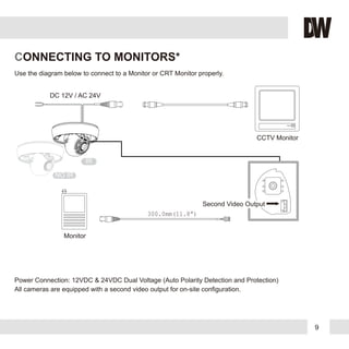 9
CONNECTING TO MONITORS*
Power Connection: 12VDC & 24VDC Dual Voltage (Auto Polarity Detection and Protection)
All cameras are equipped with a second video output for on-site configuration.
Use the diagram below to connect to a Monitor or CRT Monitor properly.
DC 12V / AC 24V
CCTV Monitor
Monitor
300.0mm(11.8”)
Second Video Output
NO IR
IR
 
