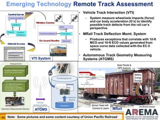 13
Emerging Technology Remote Track Assessment
• Vehicle Track Interaction (VTI)
– System measure wheel/axle impacts (force)
and car body acceleration (G’s) to identify
possible track defects from the rail car’s
perspective.
• MRail Track Deflection Msmt. System
– Produces exceptions that correlate with 10-ft
MCO and 10-ft ECO values generated from
space curve data collected with the EC-5
vehicle.
• Autonomous Track Geometry Measuring
Systems (ATGMS)VTI System
ATGMS MRail
Note: Some pictures and some content courtesy of Union Pacific Railroad
 