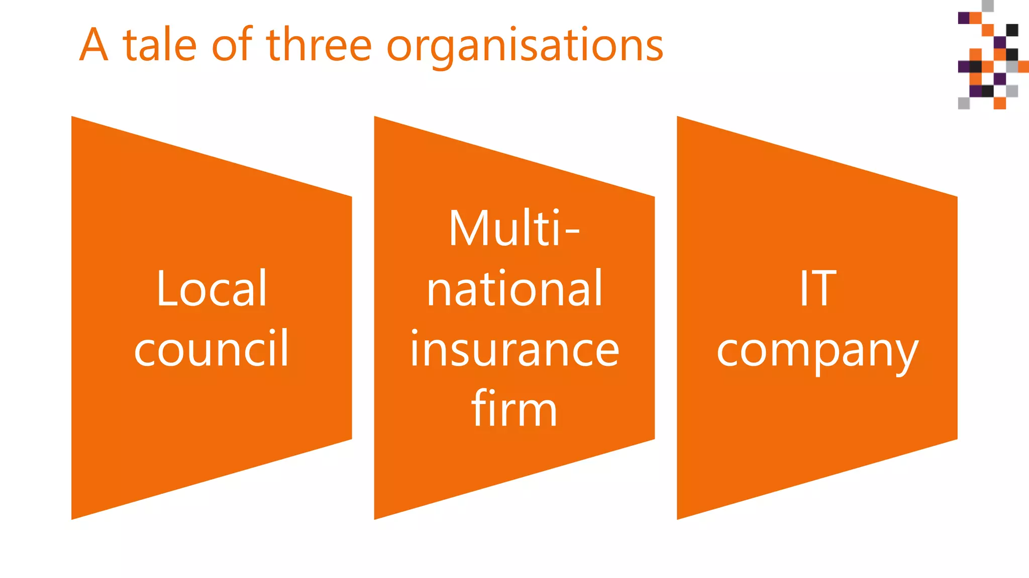 A tale of three organisations
Local
council
Multi-
national
insurance
firm
IT
company
 