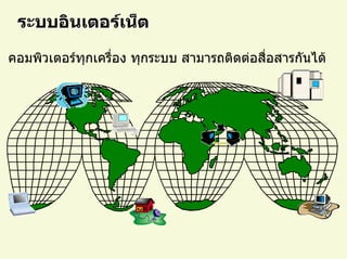 ระบบอินเตอร์เน็ต 
คอมพิวเตอร์ทุกเครื่อง ทุกระบบ สามารถติดต่อสื่อสารกันได้  