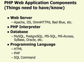 PHP Web Application Components 
(Things need to have/know) 
zWeb Server 
–Apache,IIS,OmniHTTPd,Bad Blue, etc. 
zPHP Interpreter 
zDatabase 
–MySQL,PostgreSQL,MS-SQL,MS-Access, SyBase,Oracle,etc. 
zProgramming Language 
–HTML 
–PHP 
–SQL Command 
