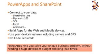 PowerApps help you solve your unique business problem, without
needing a huge developer budget and long lead times.
PowerApps and SharePoint
 Connect to your data:
‒ SharePoint Lists
‒ Dynamics 365
‒ SQL
‒ Excel
‒ And more…
 Build Apps for the Web and Mobile devices.
 Use your devices features including camera and GPS
 No Code Required!
 