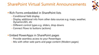 SharePoint Virtual Summit Announcements
 Rich Forms embedded in SharePoint lists
‒ Conditional field display
‒ Display additional info from other data sources e.g. maps, weather,
Dynamics365, etc
‒ Different control types e.g. sliders, drop downs
‒ Connect Flows to buttons (actions)
 Embed PowerApps in SharePoint pages
‒ Provide seamless access to your PowerApps
‒ Mix with other web-parts and page content (Modern pages)
 