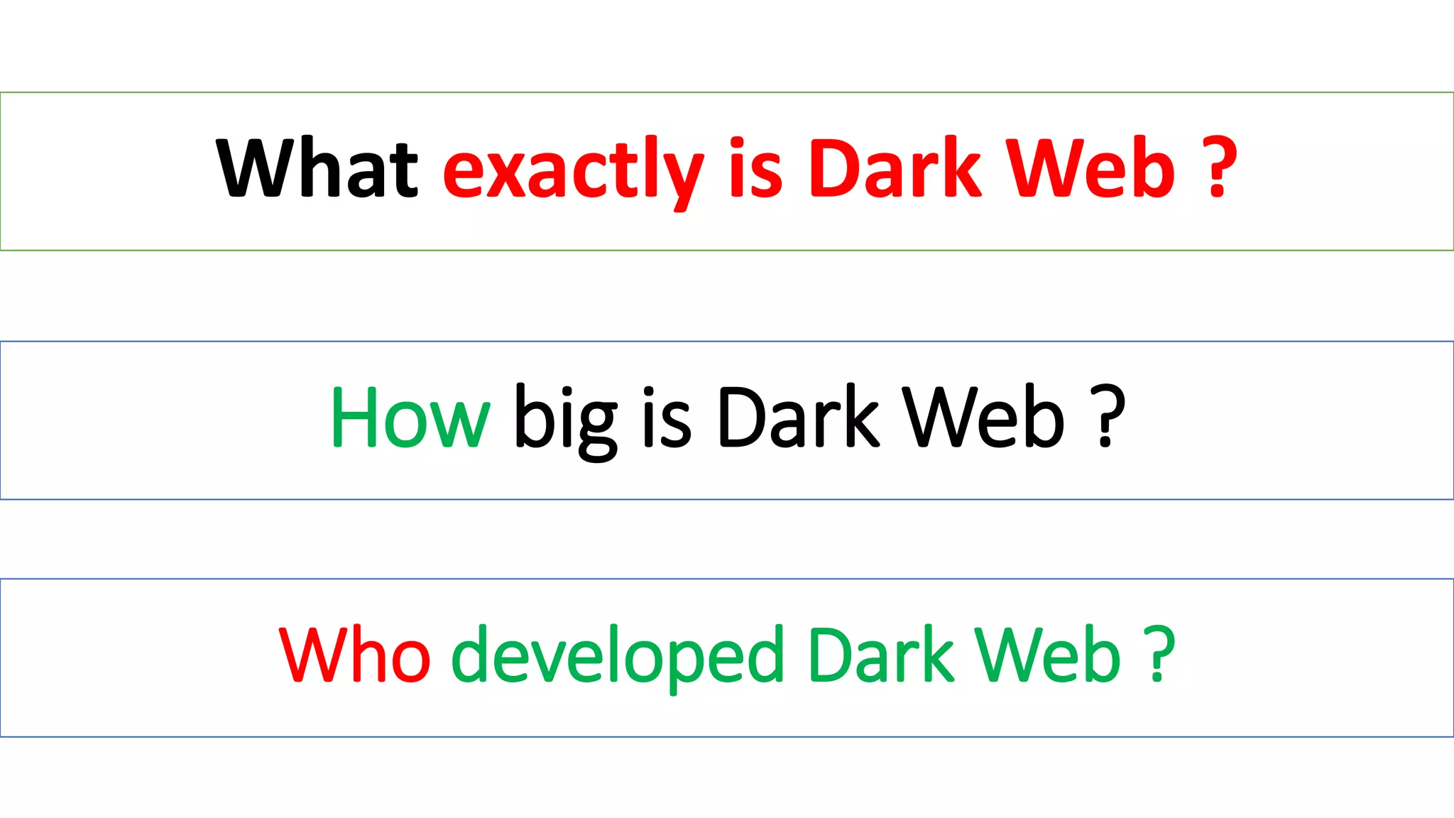 What exactly is Dark Web ?
How big is Dark Web ?
Who developed Dark Web ?
 