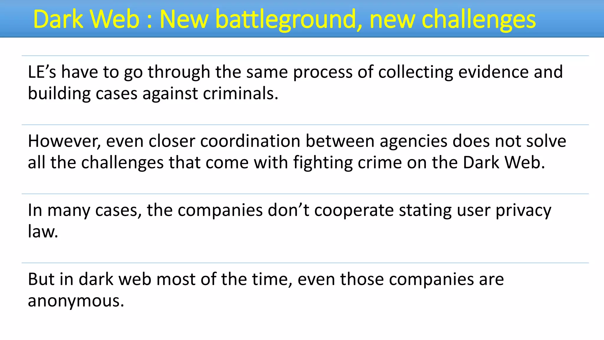Dark Web : New battleground, new challenges
LE’s have to go through the same process of collecting evidence and
building cases against criminals.
However, even closer coordination between agencies does not solve
all the challenges that come with fighting crime on the Dark Web.
In many cases, the companies don’t cooperate stating user privacy
law.
But in dark web most of the time, even those companies are
anonymous.
 