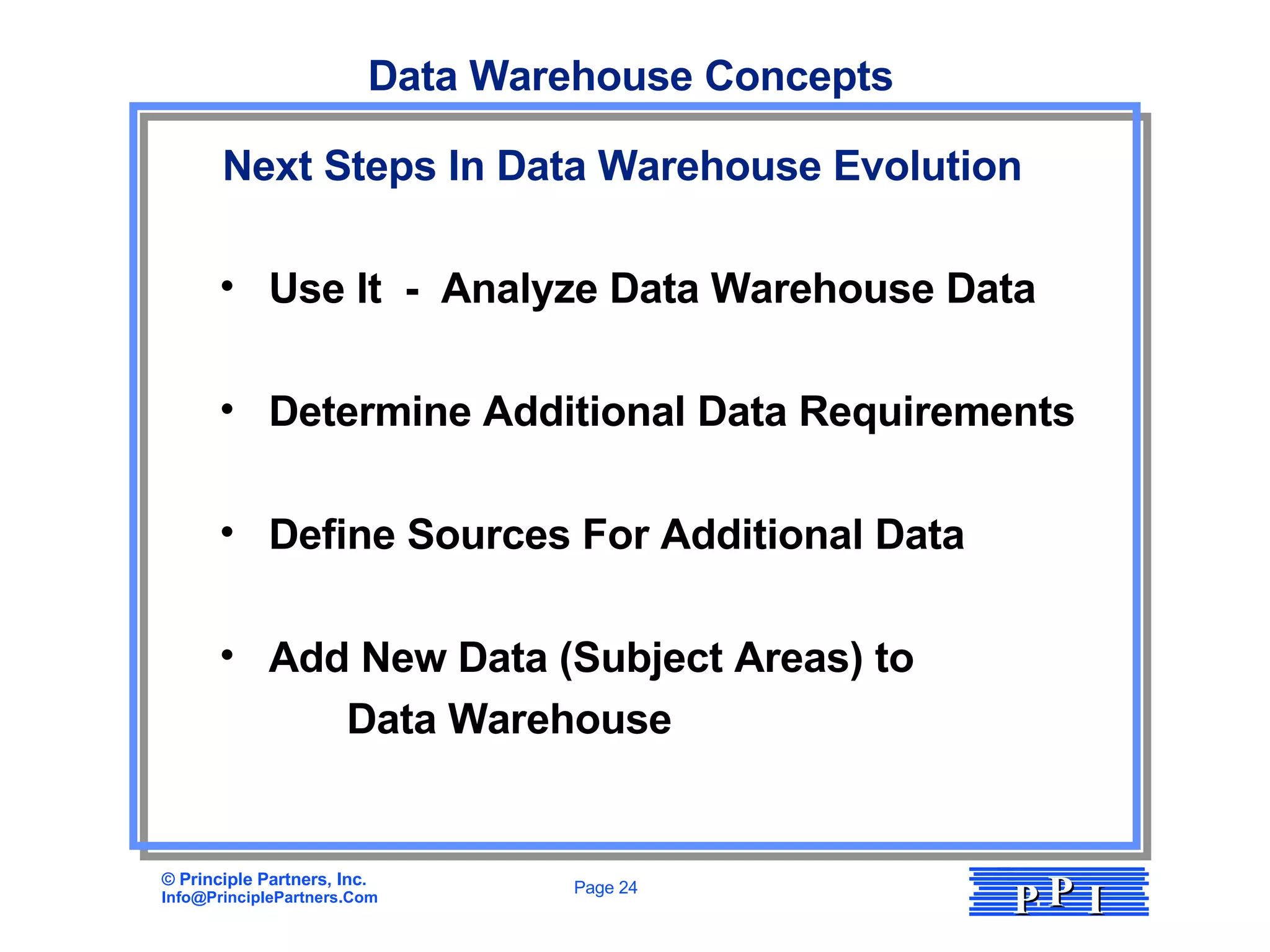Data Warehouse Concepts Next Steps In Data Warehouse Evolution Use It  -  Analyze Data Warehouse Data Determine Additional Data Requirements Define Sources For Additional Data Add New Data (Subject Areas) to  Data Warehouse 