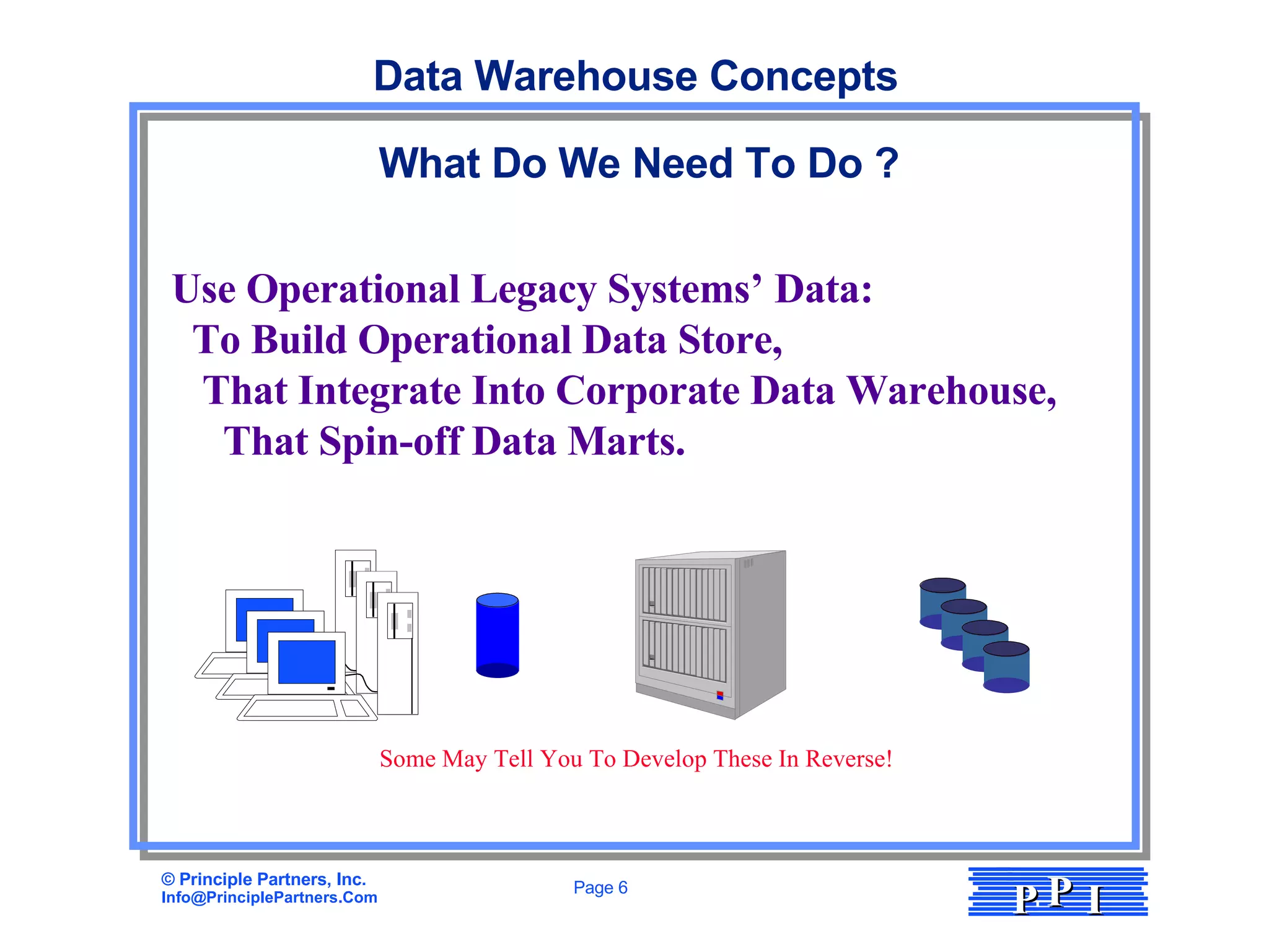 What Do We Need To Do ? Use Operational Legacy Systems’ Data:  To Build Operational Data Store, That Integrate Into Corporate Data Warehouse, That Spin-off Data Marts. Some May Tell You To Develop These In Reverse! Data Warehouse Concepts 