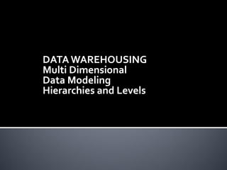DATA WAREHOUSING
Multi Dimensional
Data Modeling
Hierarchies and Levels
 
