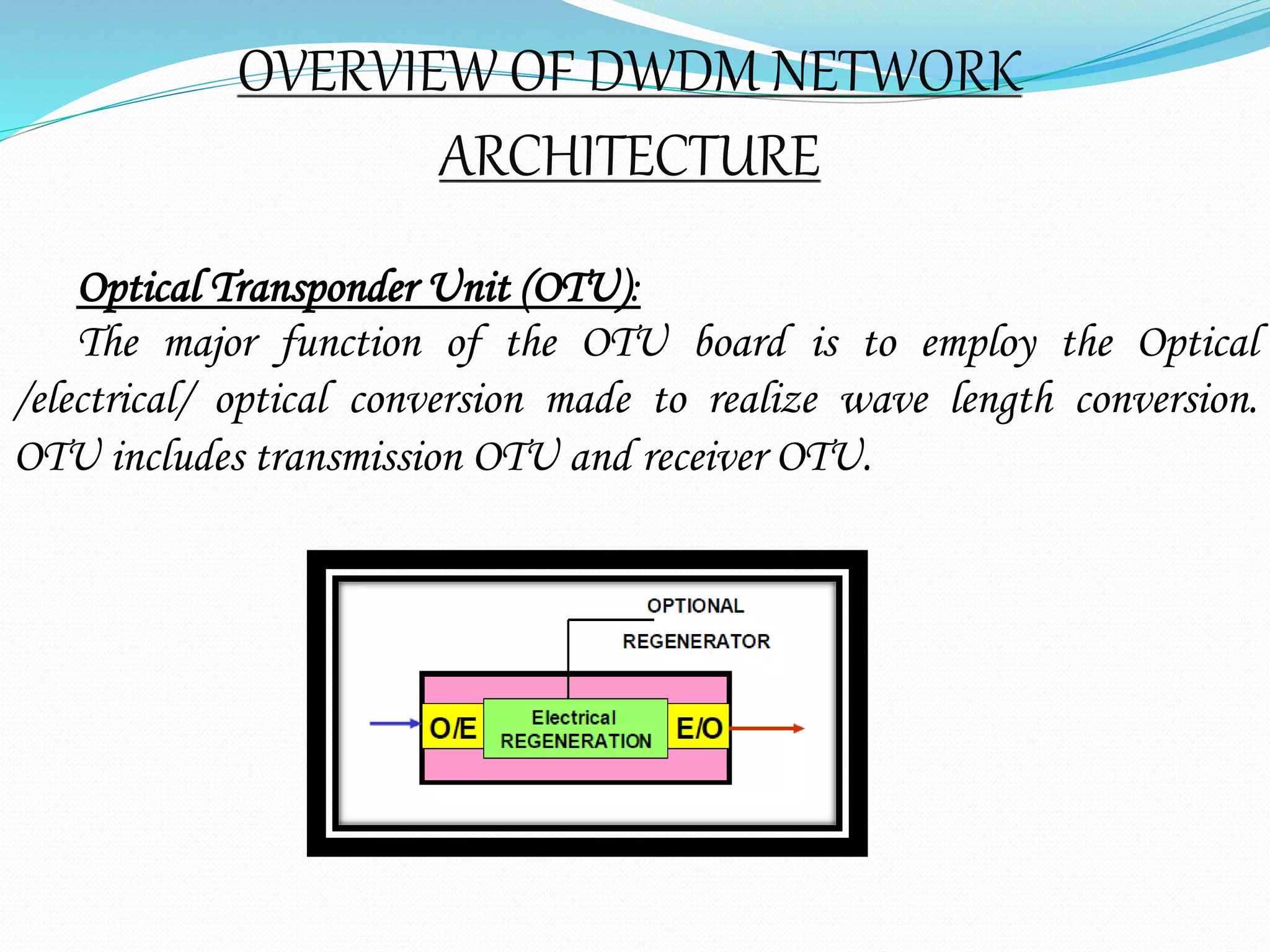 OVERVIEW OF DWDM NETWORK
ARCHITECTURE
Optical Transponder Unit (OTU):
The major function of the OTU board is to employ the Optical
/electrical/ optical conversion made to realize wave length conversion.
OTU includes transmission OTU and receiver OTU.
 