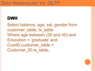 41
DATA WAREHOUSE VS. OLTP
DWH
Select balance, age, sal, gender from
customer_table, tx_table
Where age between (30 and 40...
