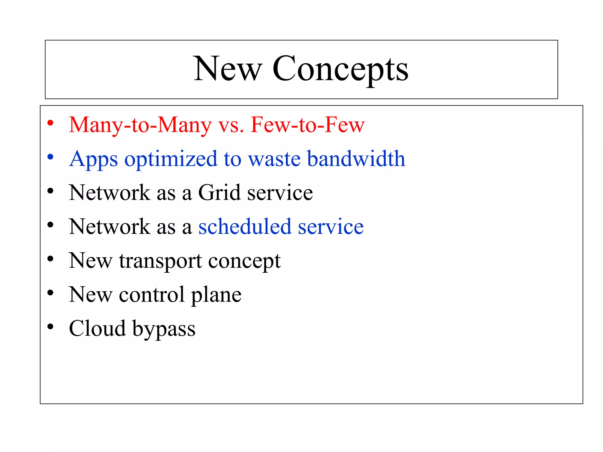 New Concepts 
• Many-to-Many vs. Few-to-Few 
• Apps optimized to waste bandwidth 
• Network as a Grid service 
• Network as a scheduled service 
• New transport concept 
• New control plane 
• Cloud bypass 
 