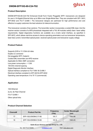 DWDM-SFP10G-80-C24-T02
Guilin GLsun Science and Tech Group Co., LTD.
Tel: +86-773-3116006 info@glsun.com Web: www.glsun.co...