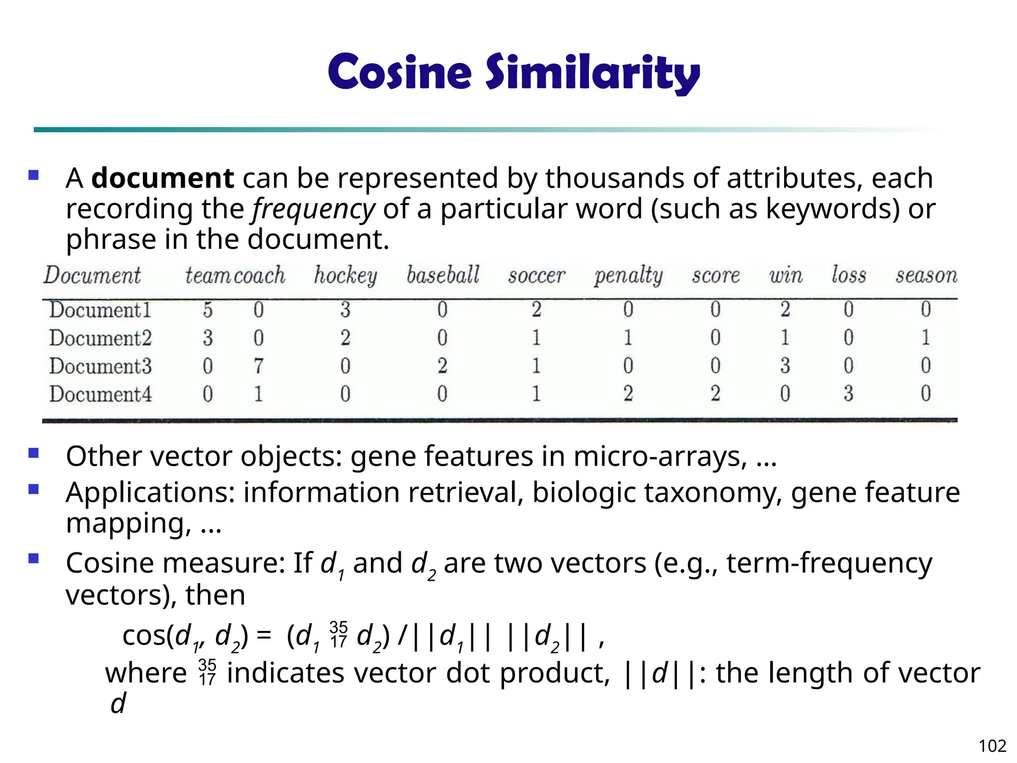 102
Cosine Similarity
 A document can be represented by thousands of attributes, each
recording the frequency of a particular word (such as keywords) or
phrase in the document.
 Other vector objects: gene features in micro-arrays, …
 Applications: information retrieval, biologic taxonomy, gene feature
mapping, ...
 Cosine measure: If d1
and d2
are two vectors (e.g., term-frequency
vectors), then
cos(d1
, d2
) = (d1
 d2
) /||d1
|| ||d2
|| ,
where  indicates vector dot product, ||d||: the length of vector
d
 