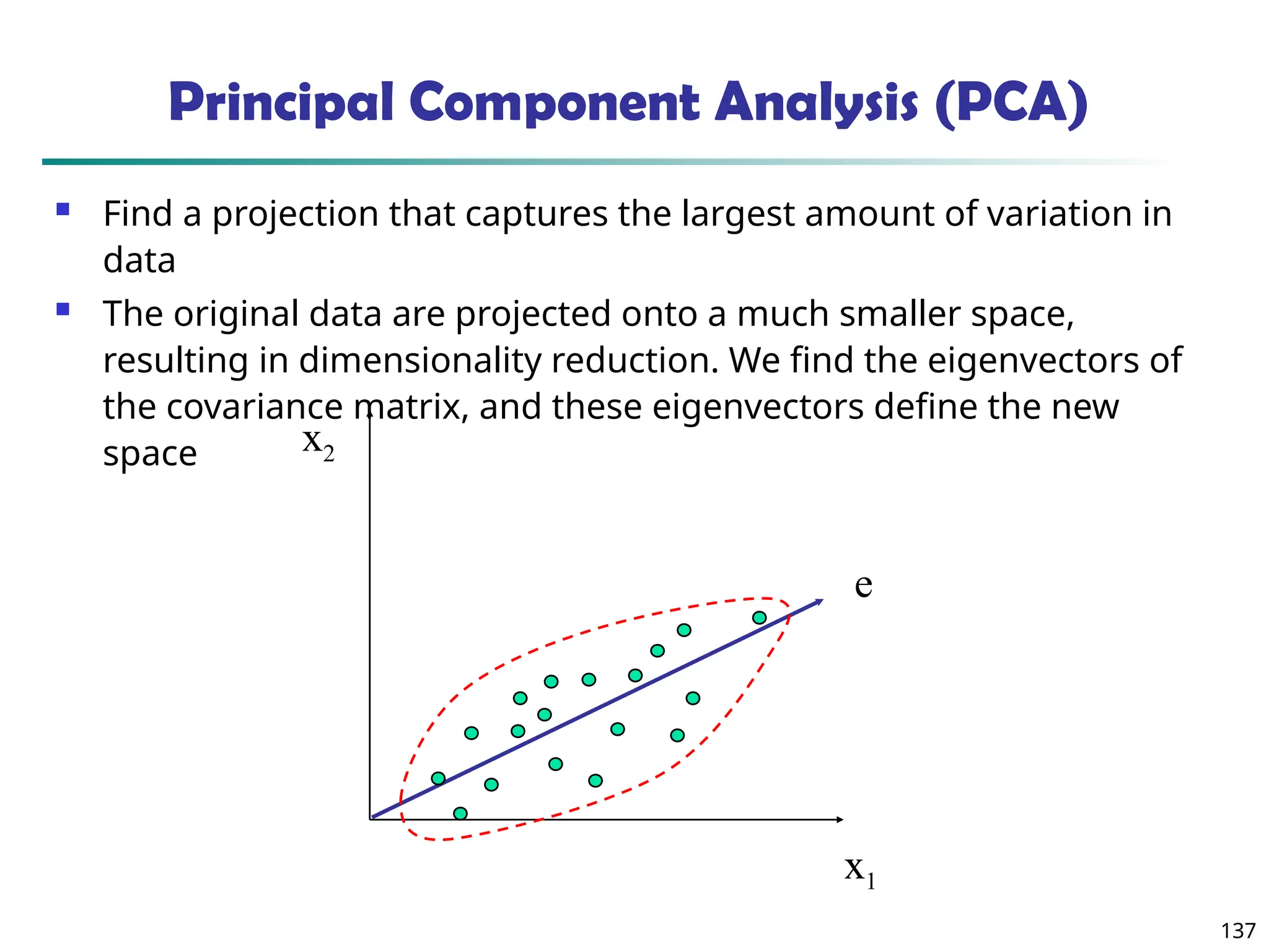 137
x2
x1
e
Principal Component Analysis (PCA)
 Find a projection that captures the largest amount of variation in
data
 The original data are projected onto a much smaller space,
resulting in dimensionality reduction. We find the eigenvectors of
the covariance matrix, and these eigenvectors define the new
space
 