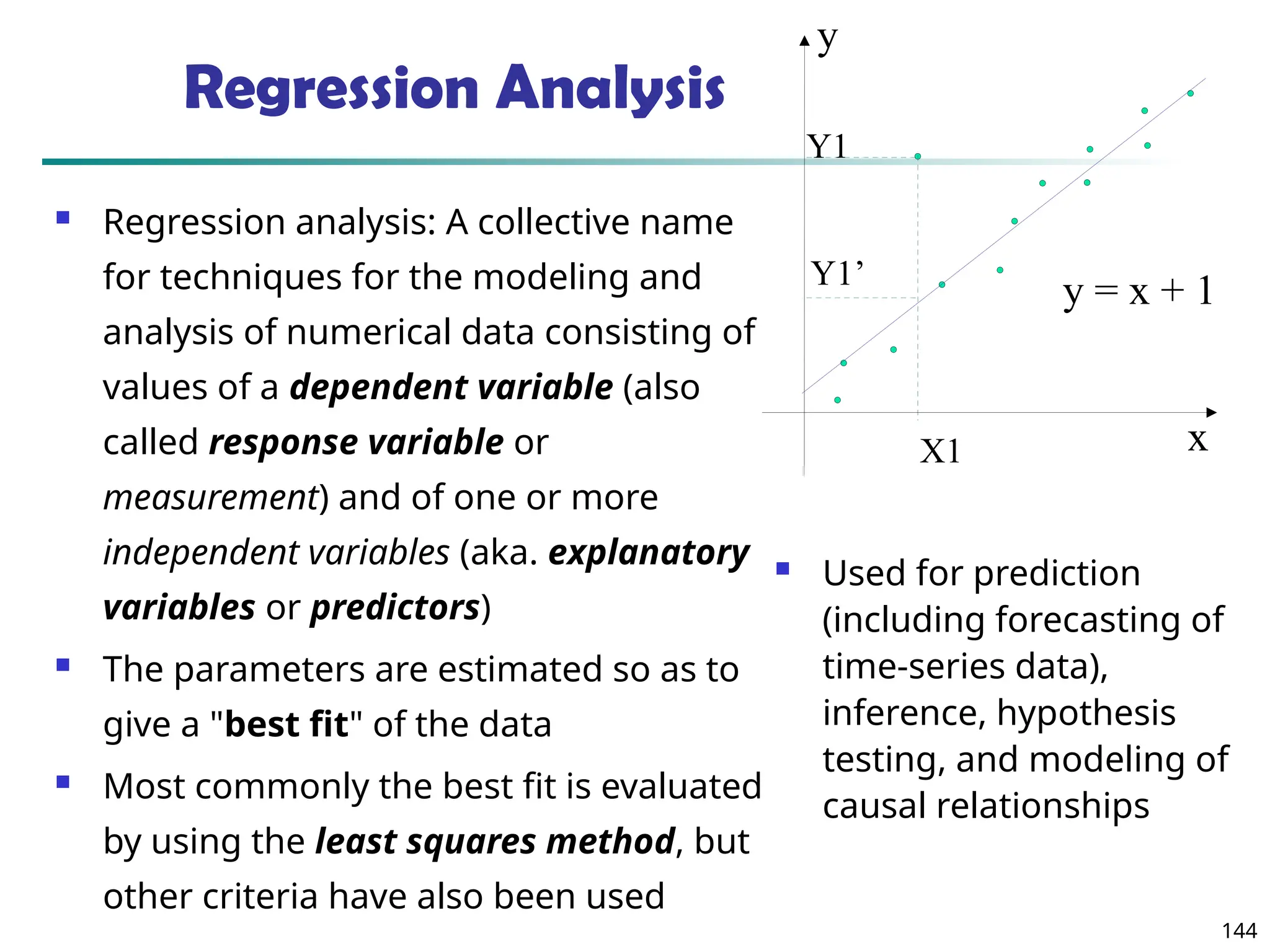 144
Regression Analysis
 Regression analysis: A collective name
for techniques for the modeling and
analysis of numerical data consisting of
values of a dependent variable (also
called response variable or
measurement) and of one or more
independent variables (aka. explanatory
variables or predictors)
 The parameters are estimated so as to
give a "best fit" of the data
 Most commonly the best fit is evaluated
by using the least squares method, but
other criteria have also been used
 Used for prediction
(including forecasting of
time-series data),
inference, hypothesis
testing, and modeling of
causal relationships
y
x
y = x + 1
X1
Y1
Y1’
 