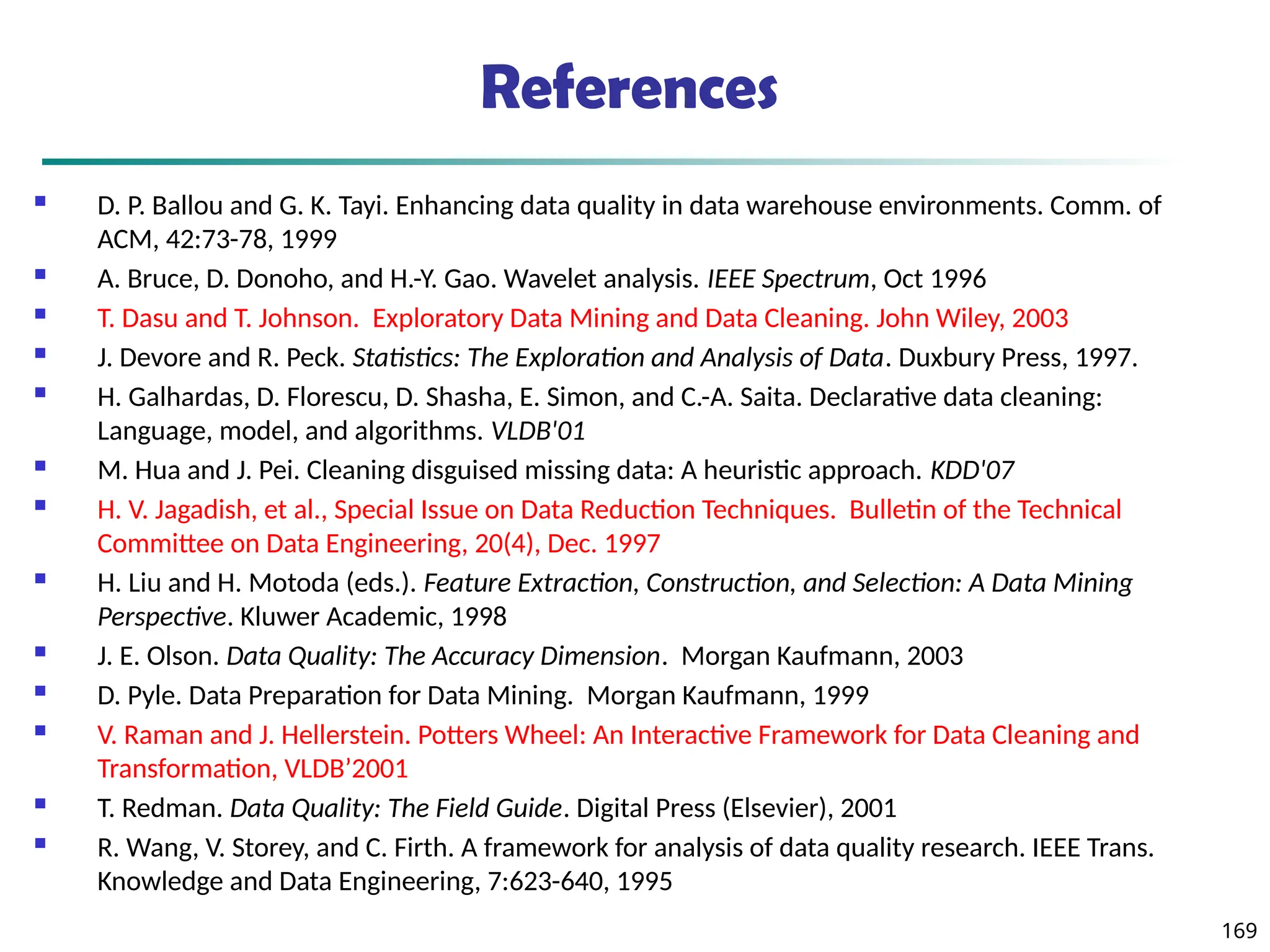 169
References
 D. P. Ballou and G. K. Tayi. Enhancing data quality in data warehouse environments. Comm. of
ACM, 42:73-78, 1999
 A. Bruce, D. Donoho, and H.-Y. Gao. Wavelet analysis. IEEE Spectrum, Oct 1996
 T. Dasu and T. Johnson. Exploratory Data Mining and Data Cleaning. John Wiley, 2003
 J. Devore and R. Peck. Statistics: The Exploration and Analysis of Data. Duxbury Press, 1997.
 H. Galhardas, D. Florescu, D. Shasha, E. Simon, and C.-A. Saita. Declarative data cleaning:
Language, model, and algorithms. VLDB'01
 M. Hua and J. Pei. Cleaning disguised missing data: A heuristic approach. KDD'07
 H. V. Jagadish, et al., Special Issue on Data Reduction Techniques. Bulletin of the Technical
Committee on Data Engineering, 20(4), Dec. 1997
 H. Liu and H. Motoda (eds.). Feature Extraction, Construction, and Selection: A Data Mining
Perspective. Kluwer Academic, 1998
 J. E. Olson. Data Quality: The Accuracy Dimension. Morgan Kaufmann, 2003
 D. Pyle. Data Preparation for Data Mining. Morgan Kaufmann, 1999
 V. Raman and J. Hellerstein. Potters Wheel: An Interactive Framework for Data Cleaning and
Transformation, VLDB’2001
 T. Redman. Data Quality: The Field Guide. Digital Press (Elsevier), 2001
 R. Wang, V. Storey, and C. Firth. A framework for analysis of data quality research. IEEE Trans.
Knowledge and Data Engineering, 7:623-640, 1995
 