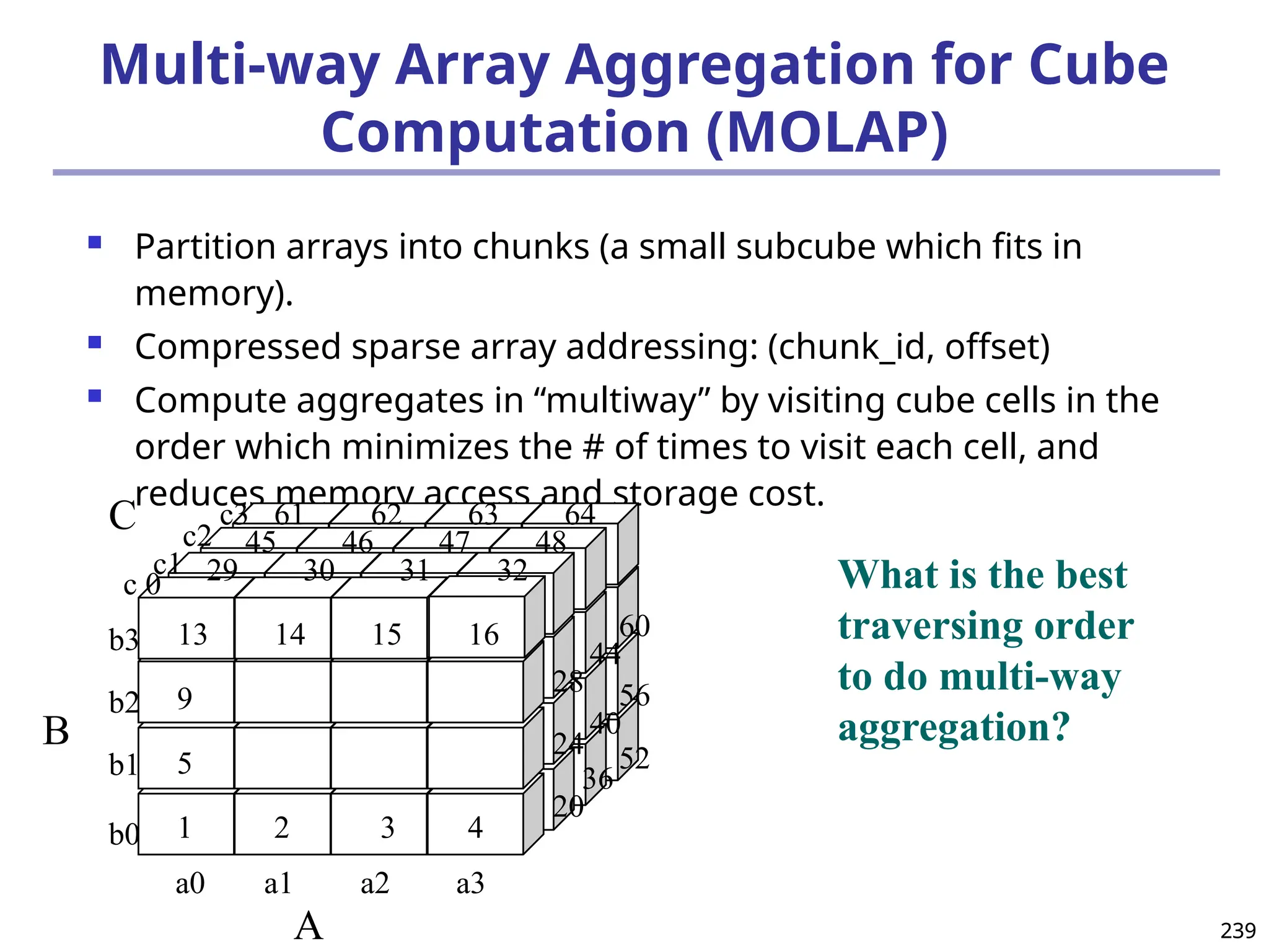 239
239
Multi-way Array Aggregation for Cube
Computation (MOLAP)
 Partition arrays into chunks (a small subcube which fits in
memory).
 Compressed sparse array addressing: (chunk_id, offset)
 Compute aggregates in “multiway” by visiting cube cells in the
order which minimizes the # of times to visit each cell, and
reduces memory access and storage cost.
What is the best
traversing order
to do multi-way
aggregation?
A
B
29 30 31 32
1 2 3 4
5
9
13 14 15 16
64
63
62
61
48
47
46
45
a1
a0
c3
c2
c1
c 0
b3
b2
b1
b0
a2 a3
C
B
44
28 56
40
24 52
36
20
60
 