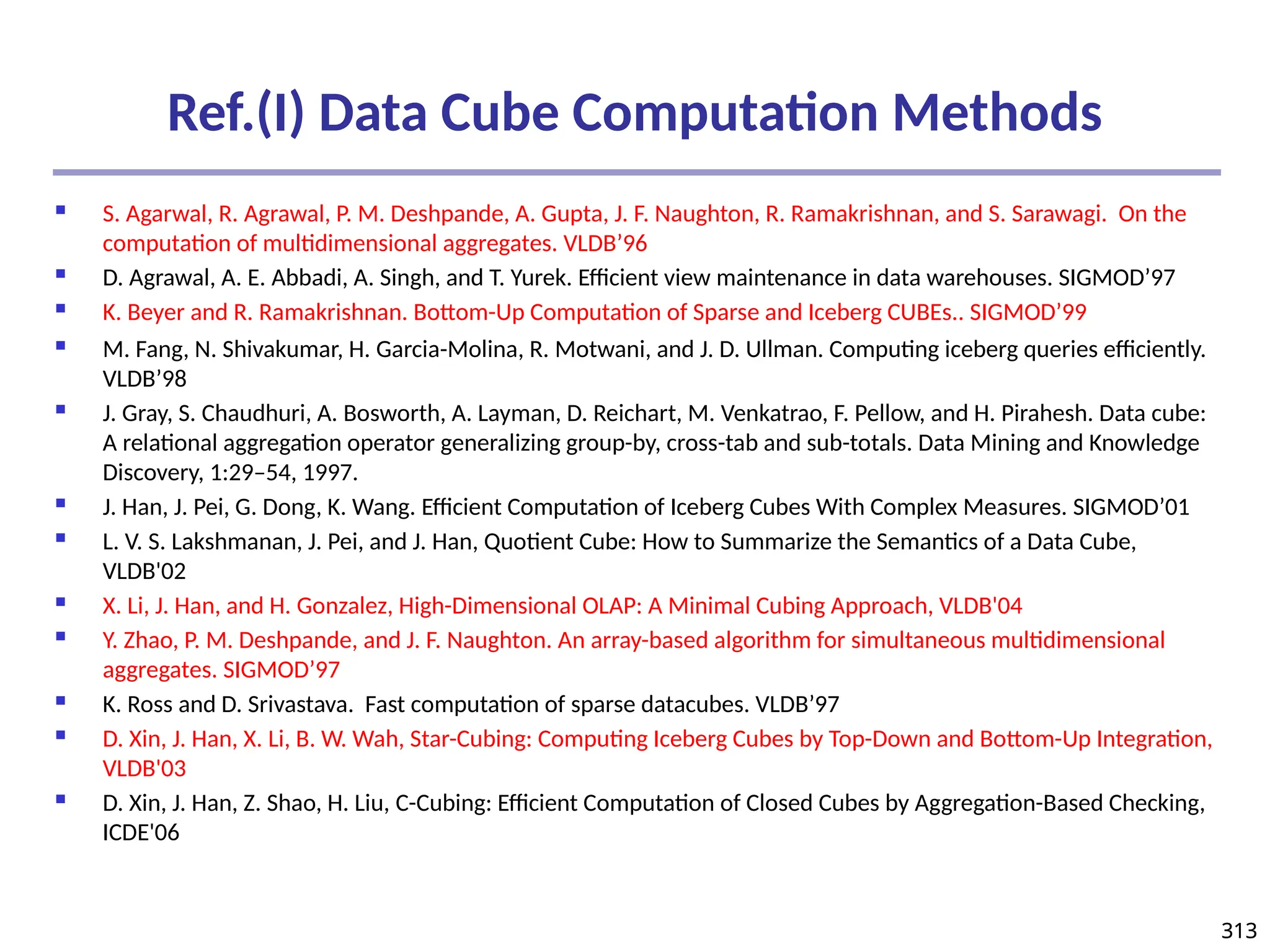313
313
Ref.(I) Data Cube Computation Methods
 S. Agarwal, R. Agrawal, P. M. Deshpande, A. Gupta, J. F. Naughton, R. Ramakrishnan, and S. Sarawagi. On the
computation of multidimensional aggregates. VLDB’96
 D. Agrawal, A. E. Abbadi, A. Singh, and T. Yurek. Efficient view maintenance in data warehouses. SIGMOD’97
 K. Beyer and R. Ramakrishnan. Bottom-Up Computation of Sparse and Iceberg CUBEs.. SIGMOD’99
 M. Fang, N. Shivakumar, H. Garcia-Molina, R. Motwani, and J. D. Ullman. Computing iceberg queries efficiently.
VLDB’98
 J. Gray, S. Chaudhuri, A. Bosworth, A. Layman, D. Reichart, M. Venkatrao, F. Pellow, and H. Pirahesh. Data cube:
A relational aggregation operator generalizing group-by, cross-tab and sub-totals. Data Mining and Knowledge
Discovery, 1:29–54, 1997.
 J. Han, J. Pei, G. Dong, K. Wang. Efficient Computation of Iceberg Cubes With Complex Measures. SIGMOD’01
 L. V. S. Lakshmanan, J. Pei, and J. Han, Quotient Cube: How to Summarize the Semantics of a Data Cube,
VLDB'02
 X. Li, J. Han, and H. Gonzalez, High-Dimensional OLAP: A Minimal Cubing Approach, VLDB'04
 Y. Zhao, P. M. Deshpande, and J. F. Naughton. An array-based algorithm for simultaneous multidimensional
aggregates. SIGMOD’97
 K. Ross and D. Srivastava. Fast computation of sparse datacubes. VLDB’97
 D. Xin, J. Han, X. Li, B. W. Wah, Star-Cubing: Computing Iceberg Cubes by Top-Down and Bottom-Up Integration,
VLDB'03
 D. Xin, J. Han, Z. Shao, H. Liu, C-Cubing: Efficient Computation of Closed Cubes by Aggregation-Based Checking,
ICDE'06
 