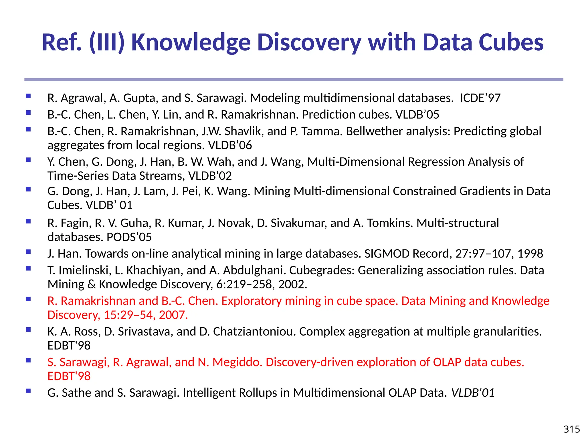 315
Ref. (III) Knowledge Discovery with Data Cubes
 R. Agrawal, A. Gupta, and S. Sarawagi. Modeling multidimensional databases. ICDE’97
 B.-C. Chen, L. Chen, Y. Lin, and R. Ramakrishnan. Prediction cubes. VLDB’05
 B.-C. Chen, R. Ramakrishnan, J.W. Shavlik, and P. Tamma. Bellwether analysis: Predicting global
aggregates from local regions. VLDB’06
 Y. Chen, G. Dong, J. Han, B. W. Wah, and J. Wang, Multi-Dimensional Regression Analysis of
Time-Series Data Streams, VLDB'02
 G. Dong, J. Han, J. Lam, J. Pei, K. Wang. Mining Multi-dimensional Constrained Gradients in Data
Cubes. VLDB’ 01
 R. Fagin, R. V. Guha, R. Kumar, J. Novak, D. Sivakumar, and A. Tomkins. Multi-structural
databases. PODS’05
 J. Han. Towards on-line analytical mining in large databases. SIGMOD Record, 27:97–107, 1998
 T. Imielinski, L. Khachiyan, and A. Abdulghani. Cubegrades: Generalizing association rules. Data
Mining & Knowledge Discovery, 6:219–258, 2002.
 R. Ramakrishnan and B.-C. Chen. Exploratory mining in cube space. Data Mining and Knowledge
Discovery, 15:29–54, 2007.
 K. A. Ross, D. Srivastava, and D. Chatziantoniou. Complex aggregation at multiple granularities.
EDBT'98
 S. Sarawagi, R. Agrawal, and N. Megiddo. Discovery-driven exploration of OLAP data cubes.
EDBT'98
 G. Sathe and S. Sarawagi. Intelligent Rollups in Multidimensional OLAP Data. VLDB'01
 