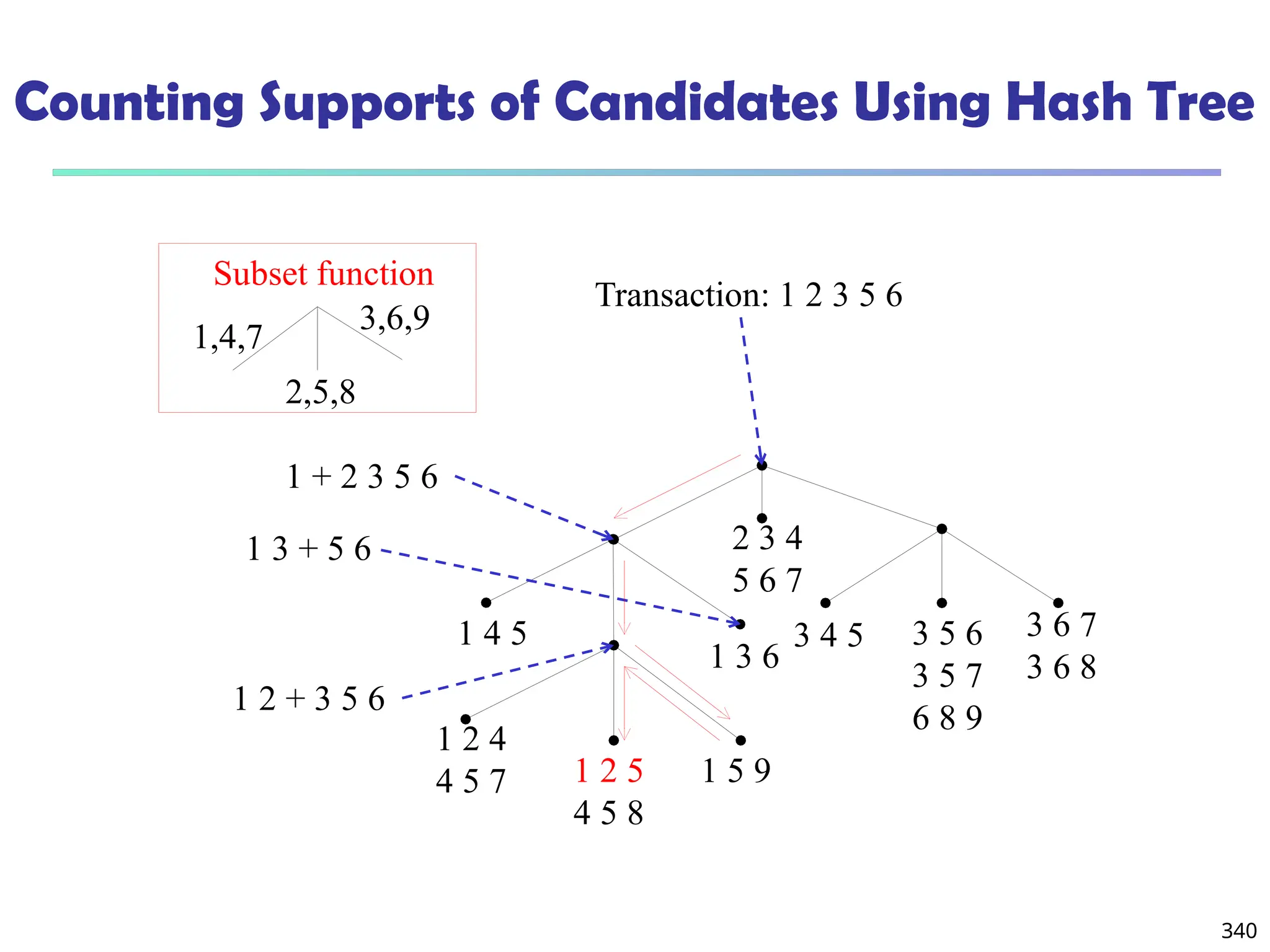 340
Counting Supports of Candidates Using Hash Tree
1,4,7
2,5,8
3,6,9
Subset function
2 3 4
5 6 7
1 4 5
1 3 6
1 2 4
4 5 7 1 2 5
4 5 8
1 5 9
3 4 5 3 5 6
3 5 7
6 8 9
3 6 7
3 6 8
Transaction: 1 2 3 5 6
1 + 2 3 5 6
1 2 + 3 5 6
1 3 + 5 6
 