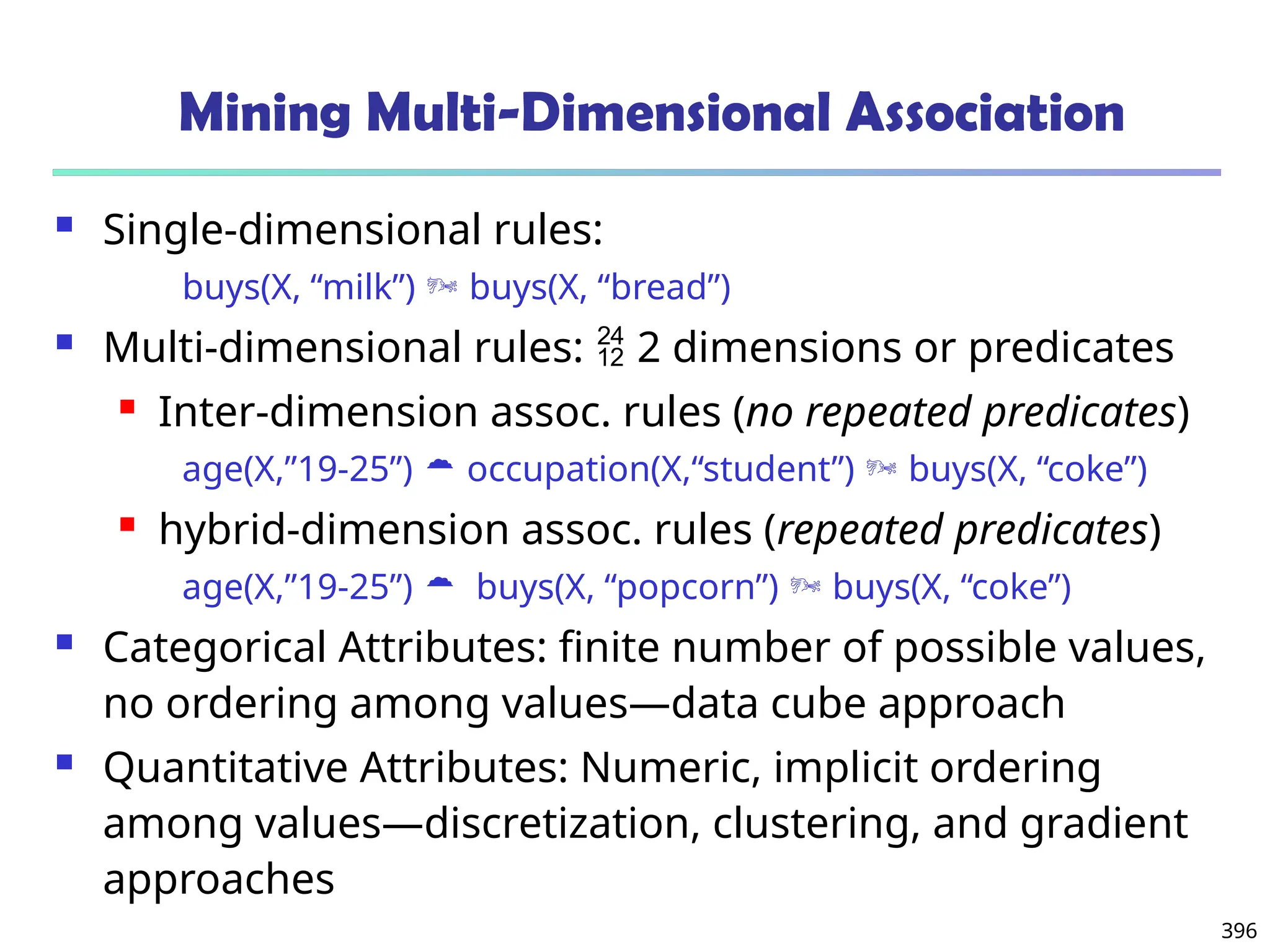 396
Mining Multi-Dimensional Association
 Single-dimensional rules:
buys(X, “milk”)  buys(X, “bread”)
 Multi-dimensional rules:  2 dimensions or predicates
 Inter-dimension assoc. rules (no repeated predicates)
age(X,”19-25”)  occupation(X,“student”)  buys(X, “coke”)
 hybrid-dimension assoc. rules (repeated predicates)
age(X,”19-25”)  buys(X, “popcorn”)  buys(X, “coke”)
 Categorical Attributes: finite number of possible values,
no ordering among values—data cube approach
 Quantitative Attributes: Numeric, implicit ordering
among values—discretization, clustering, and gradient
approaches
 
