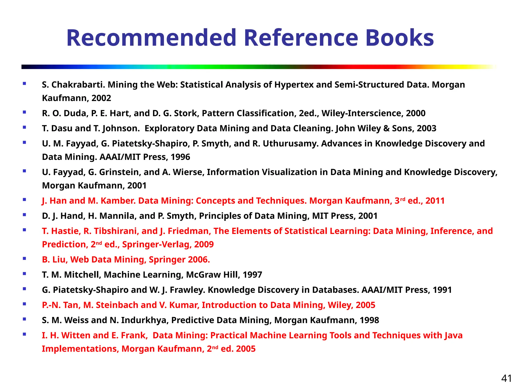 41
Recommended Reference Books
 S. Chakrabarti. Mining the Web: Statistical Analysis of Hypertex and Semi-Structured Data. Morgan
Kaufmann, 2002
 R. O. Duda, P. E. Hart, and D. G. Stork, Pattern Classification, 2ed., Wiley-Interscience, 2000
 T. Dasu and T. Johnson. Exploratory Data Mining and Data Cleaning. John Wiley & Sons, 2003
 U. M. Fayyad, G. Piatetsky-Shapiro, P. Smyth, and R. Uthurusamy. Advances in Knowledge Discovery and
Data Mining. AAAI/MIT Press, 1996
 U. Fayyad, G. Grinstein, and A. Wierse, Information Visualization in Data Mining and Knowledge Discovery,
Morgan Kaufmann, 2001
 J. Han and M. Kamber. Data Mining: Concepts and Techniques. Morgan Kaufmann, 3rd
ed., 2011
 D. J. Hand, H. Mannila, and P. Smyth, Principles of Data Mining, MIT Press, 2001
 T. Hastie, R. Tibshirani, and J. Friedman, The Elements of Statistical Learning: Data Mining, Inference, and
Prediction, 2nd
ed., Springer-Verlag, 2009
 B. Liu, Web Data Mining, Springer 2006.
 T. M. Mitchell, Machine Learning, McGraw Hill, 1997
 G. Piatetsky-Shapiro and W. J. Frawley. Knowledge Discovery in Databases. AAAI/MIT Press, 1991
 P.-N. Tan, M. Steinbach and V. Kumar, Introduction to Data Mining, Wiley, 2005
 S. M. Weiss and N. Indurkhya, Predictive Data Mining, Morgan Kaufmann, 1998
 I. H. Witten and E. Frank, Data Mining: Practical Machine Learning Tools and Techniques with Java
Implementations, Morgan Kaufmann, 2nd
ed. 2005
 