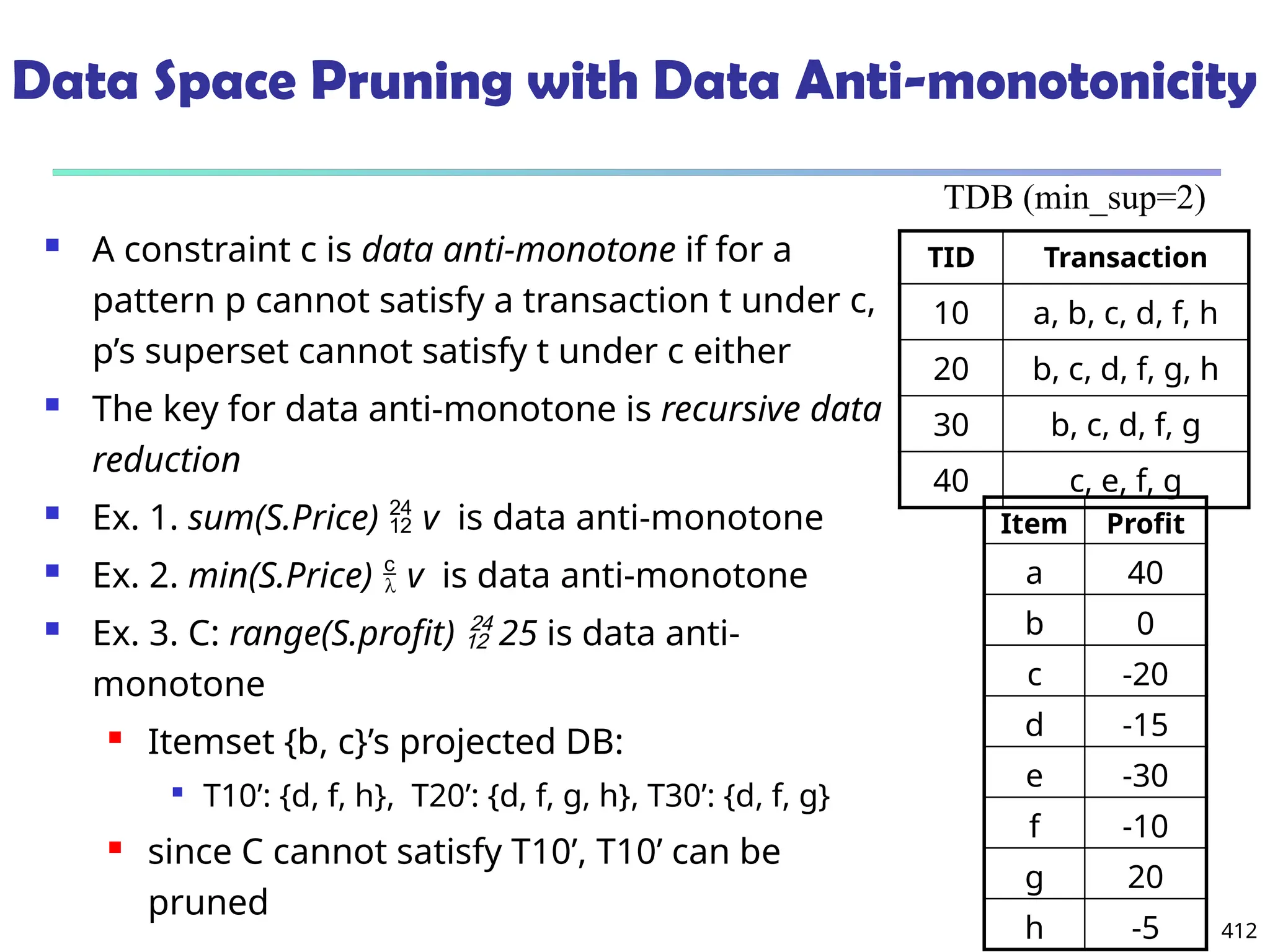 412
Data Space Pruning with Data Anti-monotonicity
 A constraint c is data anti-monotone if for a
pattern p cannot satisfy a transaction t under c,
p’s superset cannot satisfy t under c either
 The key for data anti-monotone is recursive data
reduction
 Ex. 1. sum(S.Price)  v is data anti-monotone
 Ex. 2. min(S.Price)  v is data anti-monotone
 Ex. 3. C: range(S.profit)  25 is data anti-
monotone
 Itemset {b, c}’s projected DB:

T10’: {d, f, h}, T20’: {d, f, g, h}, T30’: {d, f, g}
 since C cannot satisfy T10’, T10’ can be
pruned
TID Transaction
10 a, b, c, d, f, h
20 b, c, d, f, g, h
30 b, c, d, f, g
40 c, e, f, g
TDB (min_sup=2)
Item Profit
a 40
b 0
c -20
d -15
e -30
f -10
g 20
h -5
 