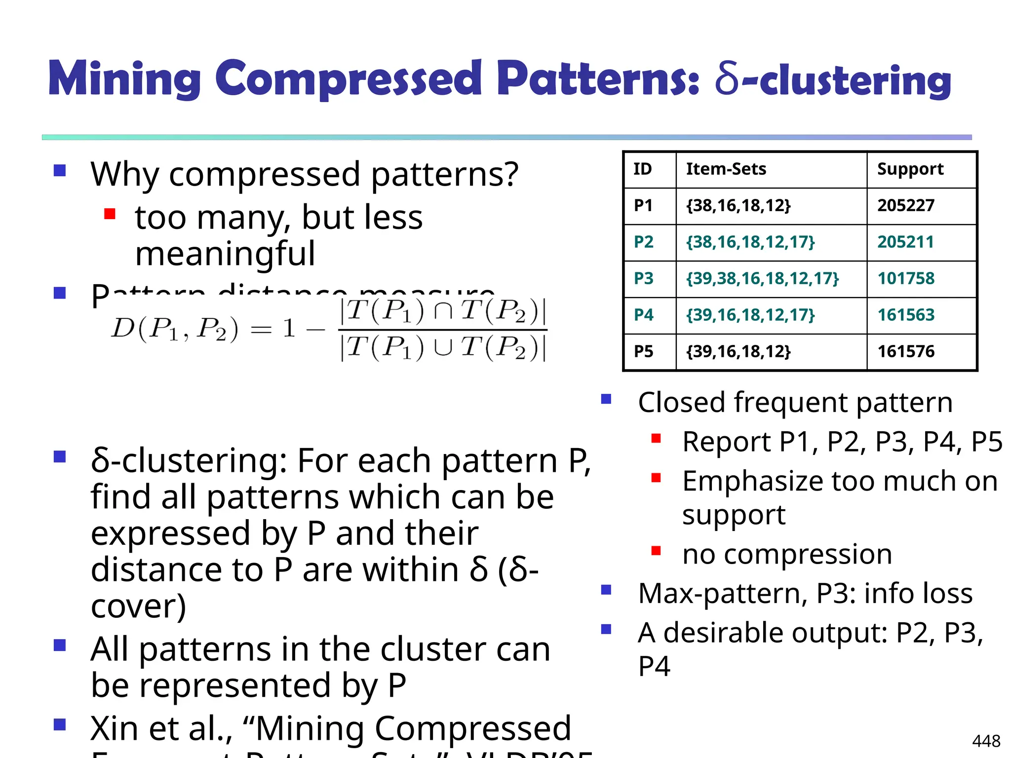 448
Mining Compressed Patterns: δ-clustering
 Why compressed patterns?
 too many, but less
meaningful
 Pattern distance measure
 δ-clustering: For each pattern P,
find all patterns which can be
expressed by P and their
distance to P are within δ (δ-
cover)
 All patterns in the cluster can
be represented by P
 Xin et al., “Mining Compressed
ID Item-Sets Support
P1 {38,16,18,12} 205227
P2 {38,16,18,12,17} 205211
P3 {39,38,16,18,12,17} 101758
P4 {39,16,18,12,17} 161563
P5 {39,16,18,12} 161576
 Closed frequent pattern
 Report P1, P2, P3, P4, P5
 Emphasize too much on
support
 no compression
 Max-pattern, P3: info loss
 A desirable output: P2, P3,
P4
 