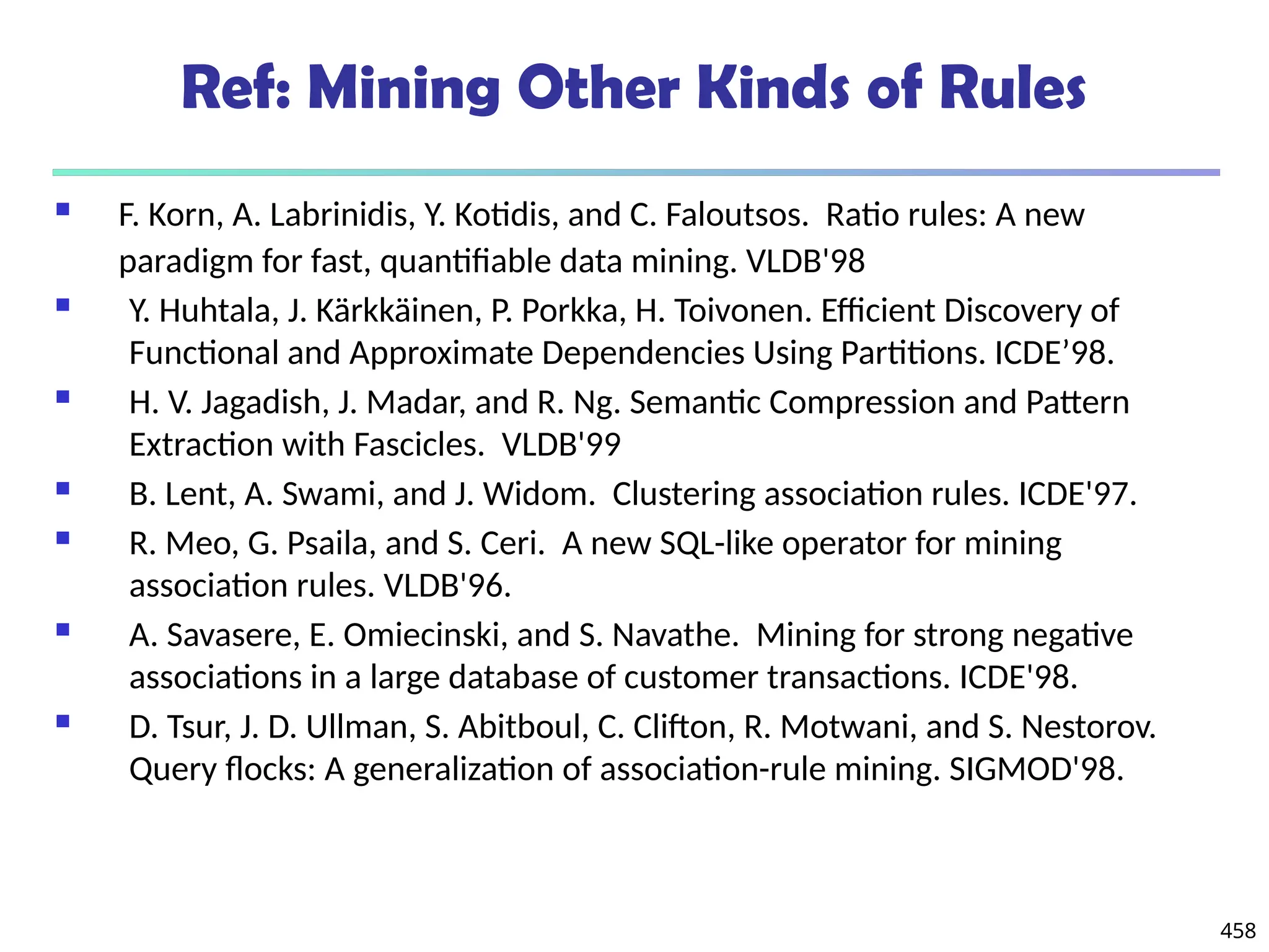 458
Ref: Mining Other Kinds of Rules
 F. Korn, A. Labrinidis, Y. Kotidis, and C. Faloutsos. Ratio rules: A new
paradigm for fast, quantifiable data mining. VLDB'98
 Y. Huhtala, J. Kärkkäinen, P. Porkka, H. Toivonen. Efficient Discovery of
Functional and Approximate Dependencies Using Partitions. ICDE’98.
 H. V. Jagadish, J. Madar, and R. Ng. Semantic Compression and Pattern
Extraction with Fascicles. VLDB'99
 B. Lent, A. Swami, and J. Widom. Clustering association rules. ICDE'97.
 R. Meo, G. Psaila, and S. Ceri. A new SQL-like operator for mining
association rules. VLDB'96.
 A. Savasere, E. Omiecinski, and S. Navathe. Mining for strong negative
associations in a large database of customer transactions. ICDE'98.
 D. Tsur, J. D. Ullman, S. Abitboul, C. Clifton, R. Motwani, and S. Nestorov.
Query flocks: A generalization of association-rule mining. SIGMOD'98.
 