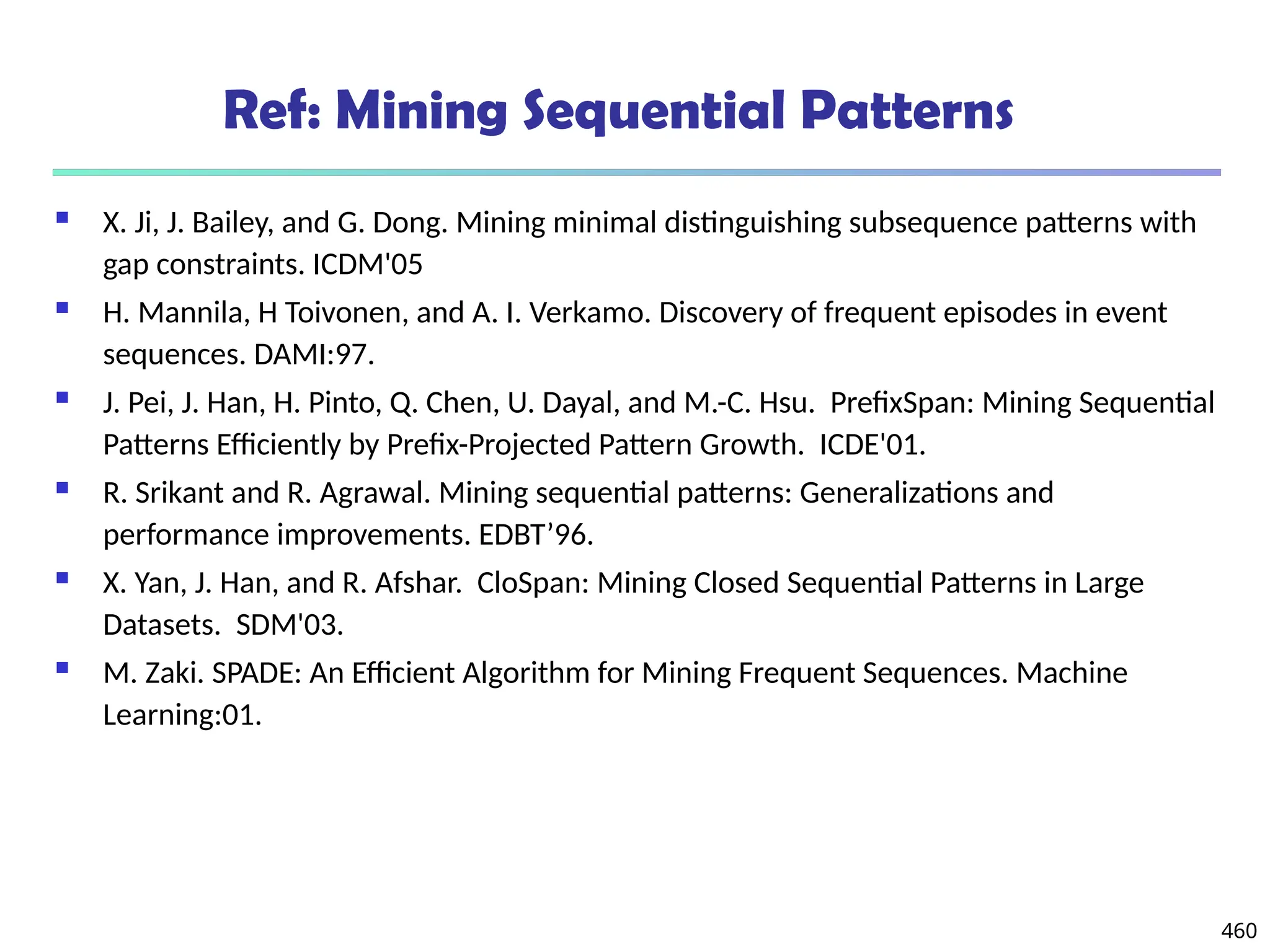 460
Ref: Mining Sequential Patterns
 X. Ji, J. Bailey, and G. Dong. Mining minimal distinguishing subsequence patterns with
gap constraints. ICDM'05
 H. Mannila, H Toivonen, and A. I. Verkamo. Discovery of frequent episodes in event
sequences. DAMI:97.
 J. Pei, J. Han, H. Pinto, Q. Chen, U. Dayal, and M.-C. Hsu. PrefixSpan: Mining Sequential
Patterns Efficiently by Prefix-Projected Pattern Growth. ICDE'01.
 R. Srikant and R. Agrawal. Mining sequential patterns: Generalizations and
performance improvements. EDBT’96.
 X. Yan, J. Han, and R. Afshar. CloSpan: Mining Closed Sequential Patterns in Large
Datasets. SDM'03.
 M. Zaki. SPADE: An Efficient Algorithm for Mining Frequent Sequences. Machine
Learning:01.
 