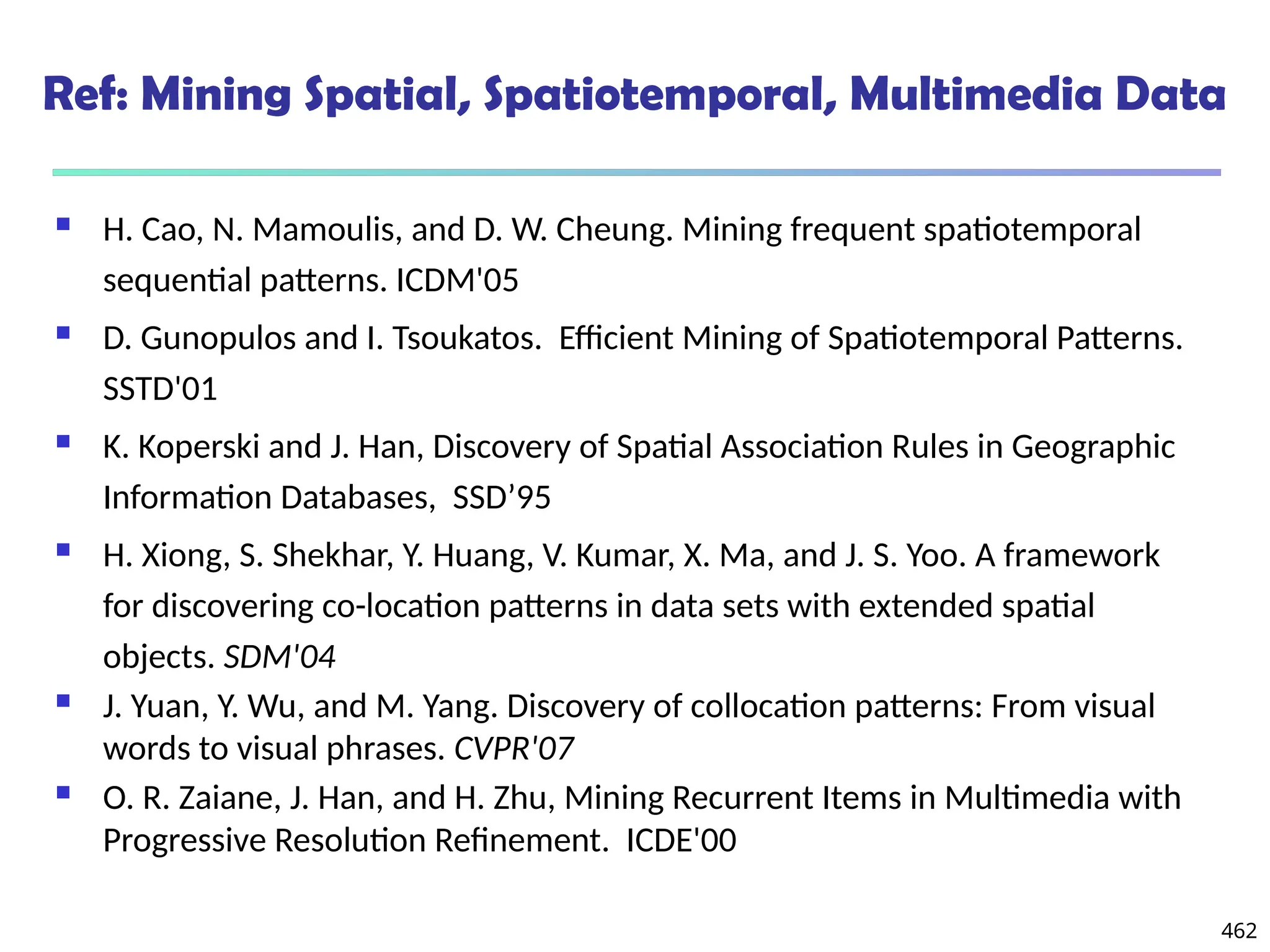 462
Ref: Mining Spatial, Spatiotemporal, Multimedia Data
 H. Cao, N. Mamoulis, and D. W. Cheung. Mining frequent spatiotemporal
sequential patterns. ICDM'05
 D. Gunopulos and I. Tsoukatos. Efficient Mining of Spatiotemporal Patterns.
SSTD'01
 K. Koperski and J. Han, Discovery of Spatial Association Rules in Geographic
Information Databases, SSD’95
 H. Xiong, S. Shekhar, Y. Huang, V. Kumar, X. Ma, and J. S. Yoo. A framework
for discovering co-location patterns in data sets with extended spatial
objects. SDM'04
 J. Yuan, Y. Wu, and M. Yang. Discovery of collocation patterns: From visual
words to visual phrases. CVPR'07
 O. R. Zaiane, J. Han, and H. Zhu, Mining Recurrent Items in Multimedia with
Progressive Resolution Refinement. ICDE'00
 