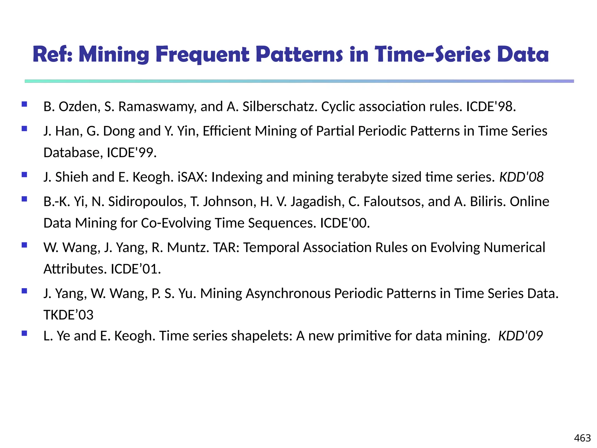 463
Ref: Mining Frequent Patterns in Time-Series Data
 B. Ozden, S. Ramaswamy, and A. Silberschatz. Cyclic association rules. ICDE'98.
 J. Han, G. Dong and Y. Yin, Efficient Mining of Partial Periodic Patterns in Time Series
Database, ICDE'99.
 J. Shieh and E. Keogh. iSAX: Indexing and mining terabyte sized time series. KDD'08
 B.-K. Yi, N. Sidiropoulos, T. Johnson, H. V. Jagadish, C. Faloutsos, and A. Biliris. Online
Data Mining for Co-Evolving Time Sequences. ICDE'00.
 W. Wang, J. Yang, R. Muntz. TAR: Temporal Association Rules on Evolving Numerical
Attributes. ICDE’01.
 J. Yang, W. Wang, P. S. Yu. Mining Asynchronous Periodic Patterns in Time Series Data.
TKDE’03
 L. Ye and E. Keogh. Time series shapelets: A new primitive for data mining. KDD'09
 