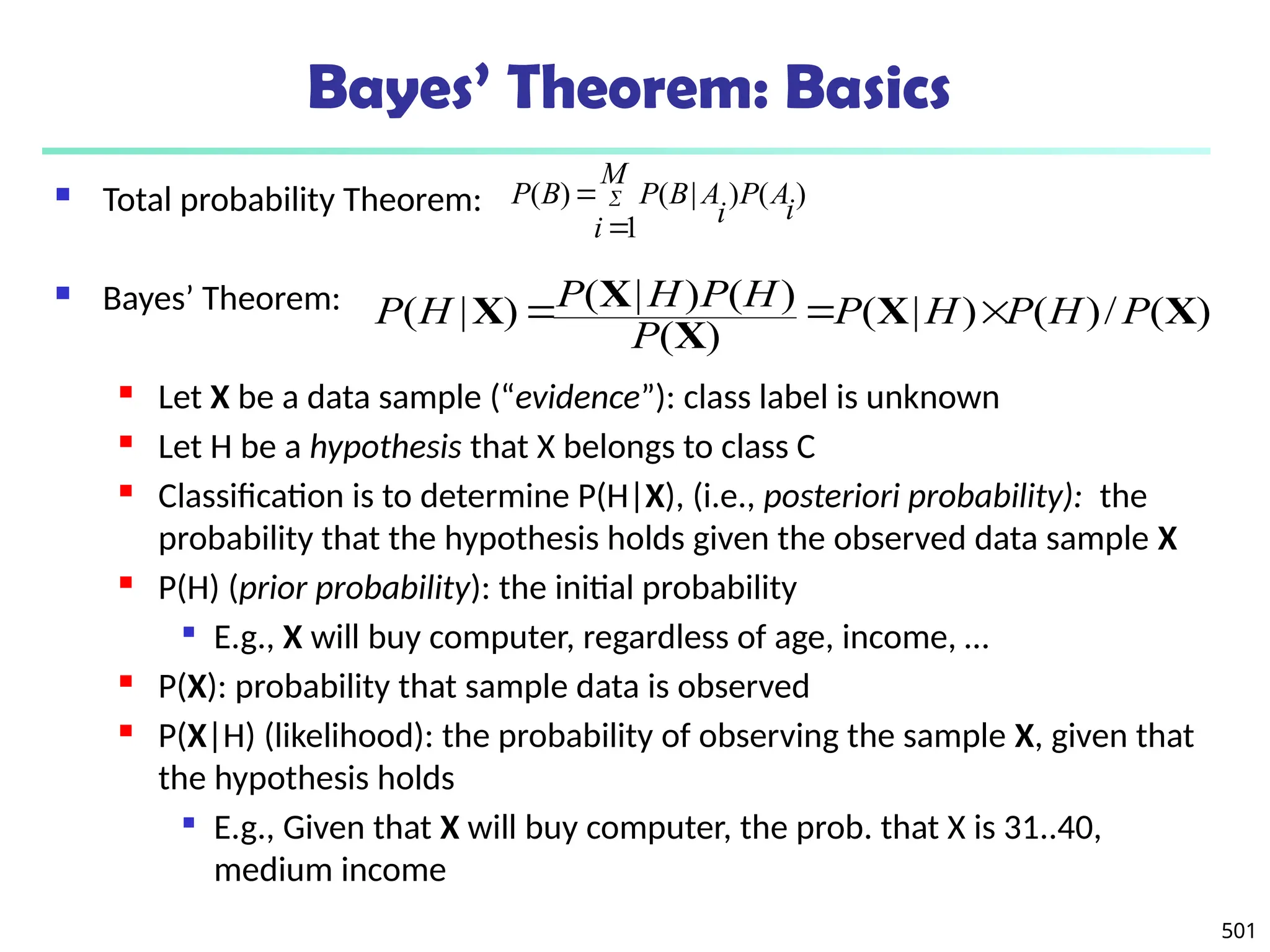 501
Bayes’ Theorem: Basics
 Total probability Theorem:
 Bayes’ Theorem:
 Let X be a data sample (“evidence”): class label is unknown
 Let H be a hypothesis that X belongs to class C
 Classification is to determine P(H|X), (i.e., posteriori probability): the
probability that the hypothesis holds given the observed data sample X
 P(H) (prior probability): the initial probability

E.g., X will buy computer, regardless of age, income, …
 P(X): probability that sample data is observed
 P(X|H) (likelihood): the probability of observing the sample X, given that
the hypothesis holds

E.g., Given that X will buy computer, the prob. that X is 31..40,
medium income
)
(
)
1
|
(
)
(
i
A
P
M
i i
A
B
P
B
P 


)
(
/
)
(
)
|
(
)
(
)
(
)
|
(
)
|
( X
X
X
X
X P
H
P
H
P
P
H
P
H
P
H
P 


 