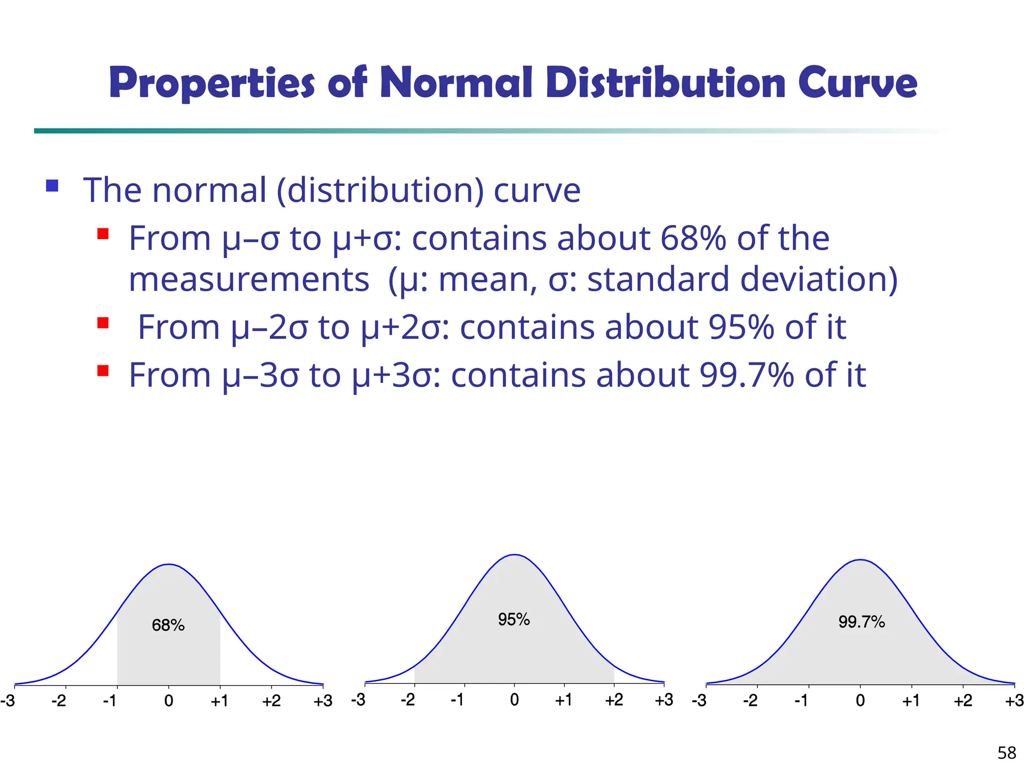 58
Properties of Normal Distribution Curve
 The normal (distribution) curve
 From μ–σ to μ+σ: contains about 68% of the
measurements (μ: mean, σ: standard deviation)
 From μ–2σ to μ+2σ: contains about 95% of it
 From μ–3σ to μ+3σ: contains about 99.7% of it
 