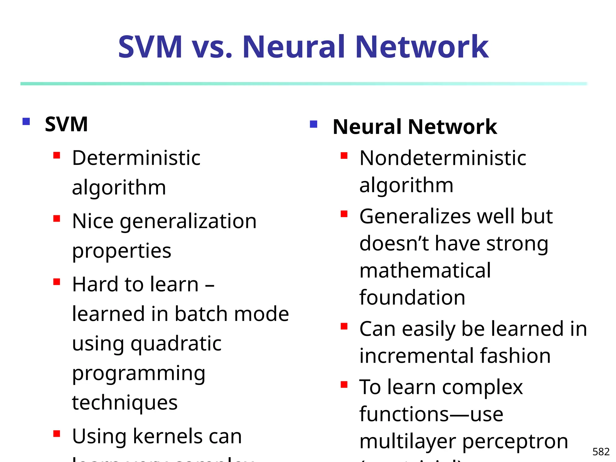 582
SVM vs. Neural Network
 SVM
 Deterministic
algorithm
 Nice generalization
properties
 Hard to learn –
learned in batch mode
using quadratic
programming
techniques
 Using kernels can
 Neural Network
 Nondeterministic
algorithm
 Generalizes well but
doesn’t have strong
mathematical
foundation
 Can easily be learned in
incremental fashion
 To learn complex
functions—use
multilayer perceptron
 