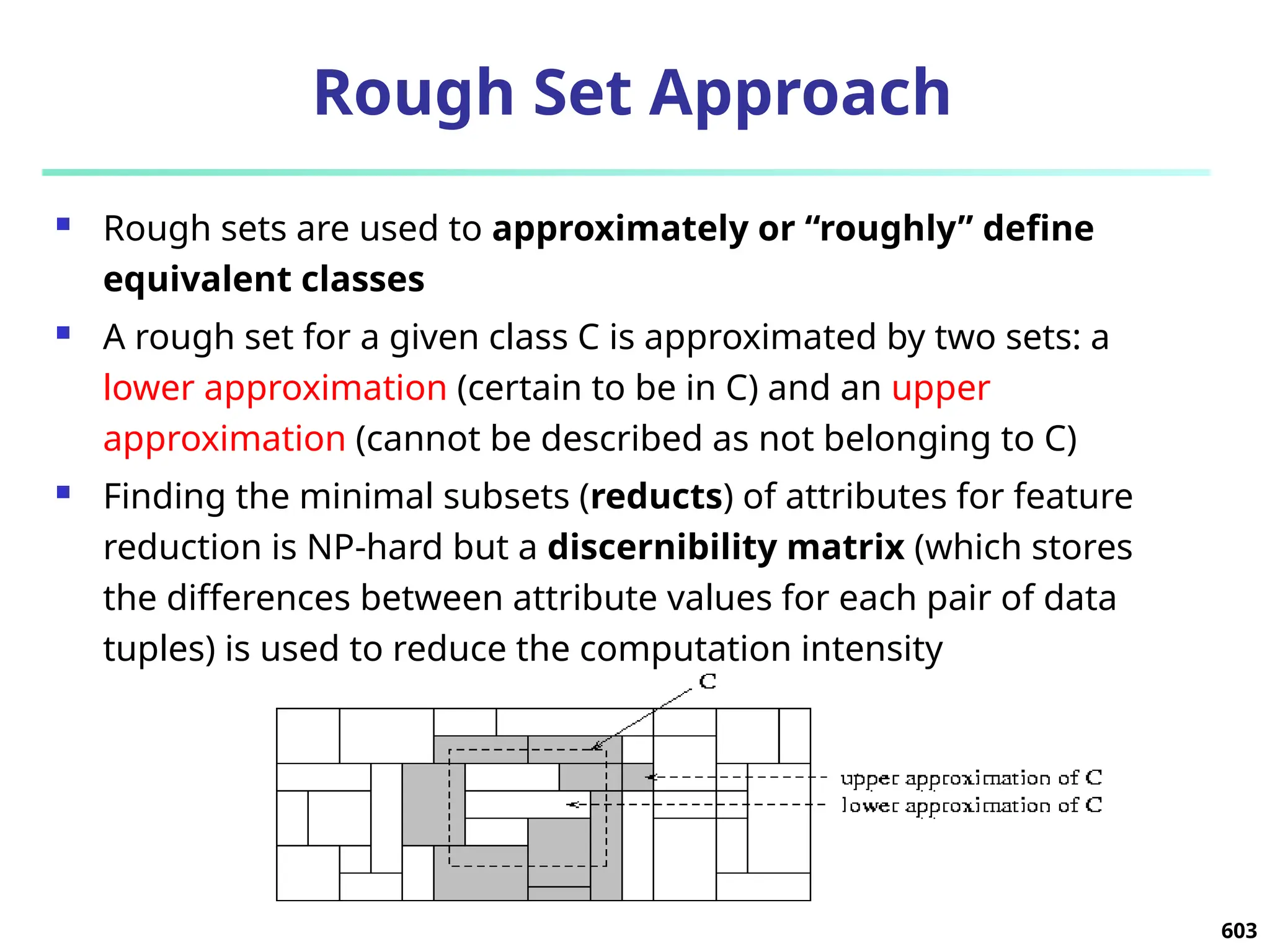 603
Rough Set Approach
 Rough sets are used to approximately or “roughly” define
equivalent classes
 A rough set for a given class C is approximated by two sets: a
lower approximation (certain to be in C) and an upper
approximation (cannot be described as not belonging to C)
 Finding the minimal subsets (reducts) of attributes for feature
reduction is NP-hard but a discernibility matrix (which stores
the differences between attribute values for each pair of data
tuples) is used to reduce the computation intensity
 