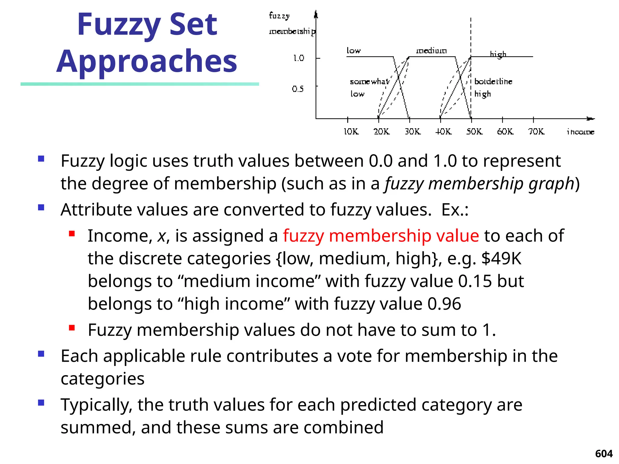 604
Fuzzy Set
Approaches
 Fuzzy logic uses truth values between 0.0 and 1.0 to represent
the degree of membership (such as in a fuzzy membership graph)
 Attribute values are converted to fuzzy values. Ex.:
 Income, x, is assigned a fuzzy membership value to each of
the discrete categories {low, medium, high}, e.g. $49K
belongs to “medium income” with fuzzy value 0.15 but
belongs to “high income” with fuzzy value 0.96
 Fuzzy membership values do not have to sum to 1.
 Each applicable rule contributes a vote for membership in the
categories
 Typically, the truth values for each predicted category are
summed, and these sums are combined
 