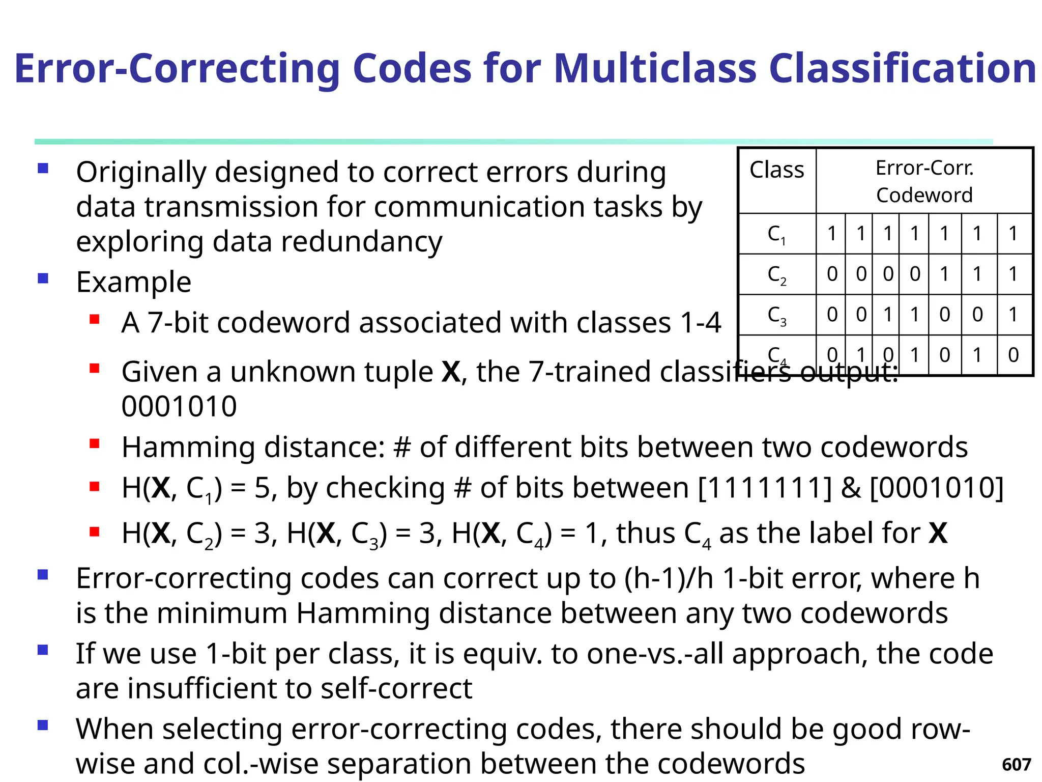 Error-Correcting Codes for Multiclass Classification
 Originally designed to correct errors during
data transmission for communication tasks by
exploring data redundancy
 Example
 A 7-bit codeword associated with classes 1-4
607
Class Error-Corr.
Codeword
C1 1 1 1 1 1 1 1
C2 0 0 0 0 1 1 1
C3 0 0 1 1 0 0 1
C4 0 1 0 1 0 1 0
 Given a unknown tuple X, the 7-trained classifiers output:
0001010
 Hamming distance: # of different bits between two codewords
 H(X, C1) = 5, by checking # of bits between [1111111] & [0001010]
 H(X, C2) = 3, H(X, C3) = 3, H(X, C4) = 1, thus C4 as the label for X
 Error-correcting codes can correct up to (h-1)/h 1-bit error, where h
is the minimum Hamming distance between any two codewords
 If we use 1-bit per class, it is equiv. to one-vs.-all approach, the code
are insufficient to self-correct
 When selecting error-correcting codes, there should be good row-
wise and col.-wise separation between the codewords
 