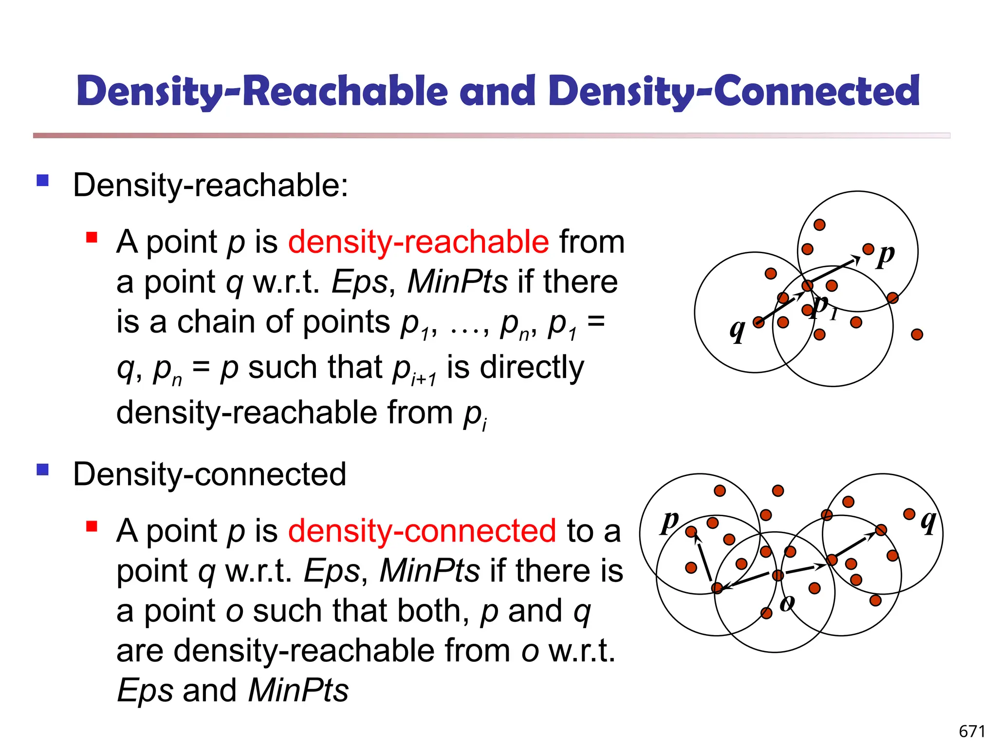 Density-Reachable and Density-Connected
 Density-reachable:
 A point p is density-reachable from
a point q w.r.t. Eps, MinPts if there
is a chain of points p1, …, pn, p1 =
q, pn = p such that pi+1 is directly
density-reachable from pi
 Density-connected
 A point p is density-connected to a
point q w.r.t. Eps, MinPts if there is
a point o such that both, p and q
are density-reachable from o w.r.t.
Eps and MinPts
p
q
p1
p q
o
671
 